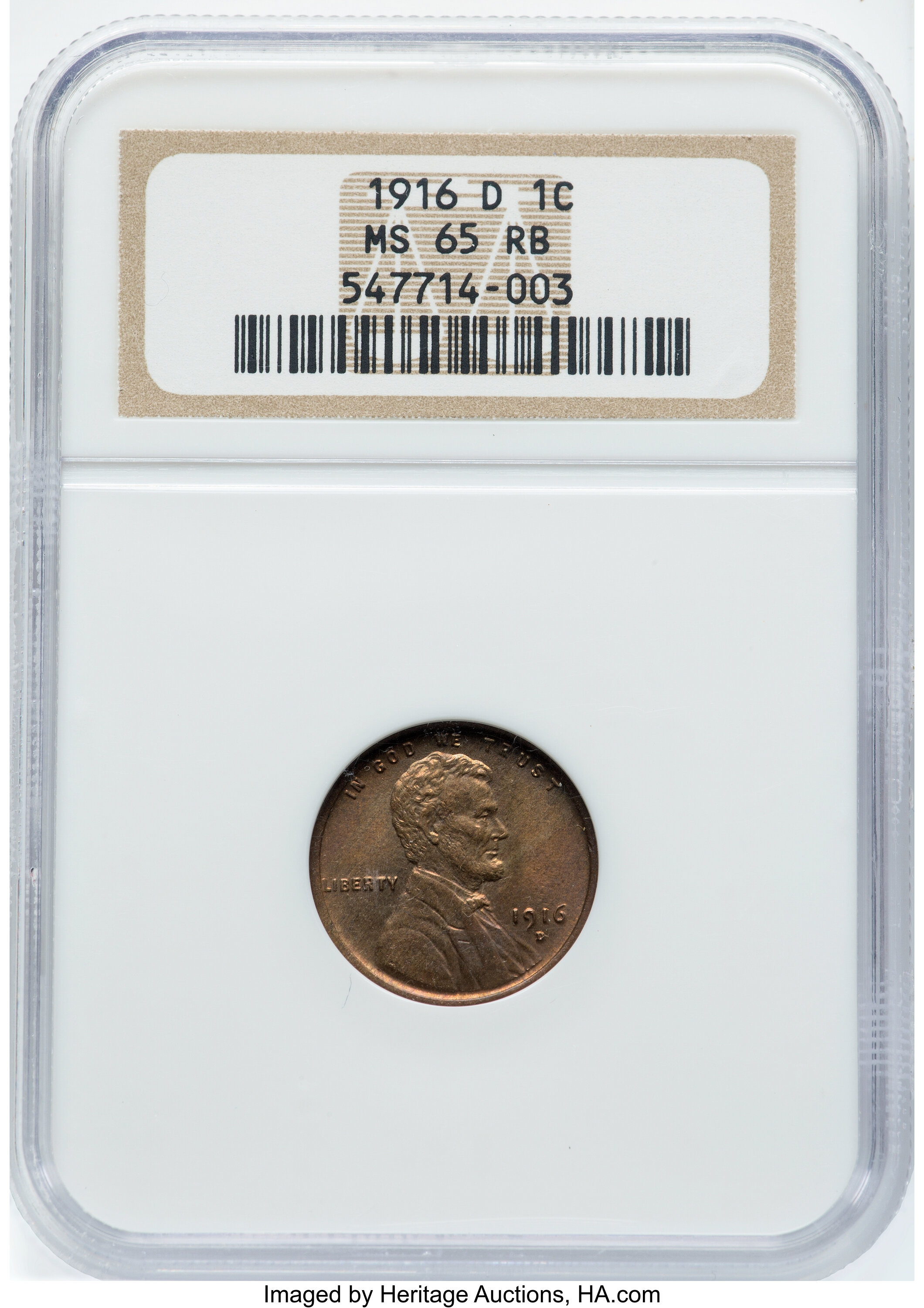 1916-D 1C MS65 Red and Brown NGC. NGC Census: (55/4). PCGS Population: (61/2). CDN: $450 Whsle. Bid for NGC/PCGS MS65. Mint...