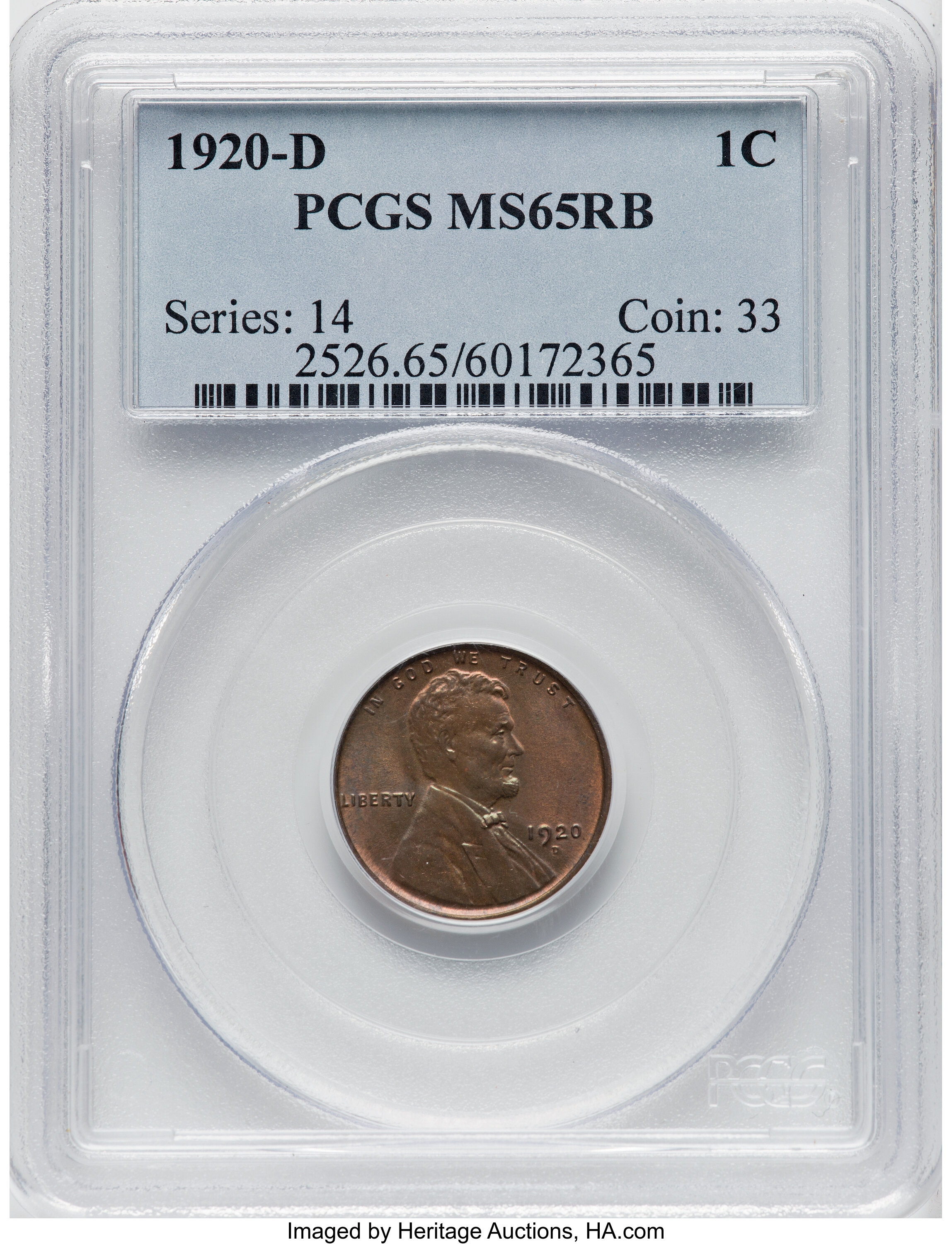 1920-D 1C MS65 Red and Brown PCGS. PCGS Population: (59/5). NGC Census: (39/2). CDN: $500 Whsle. Bid for NGC/PCGS MS65. Min...