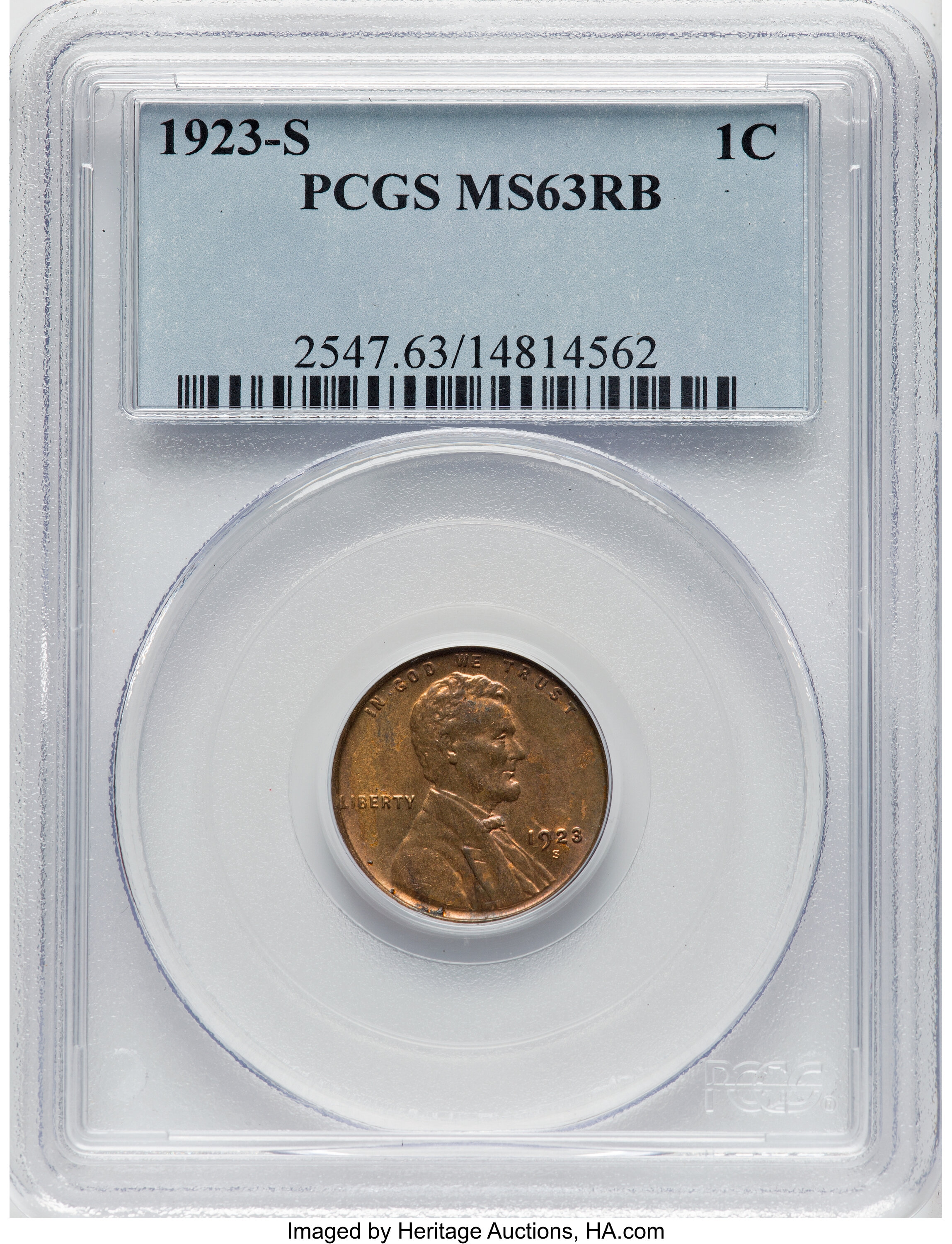 1923-S 1C MS63 Red and Brown PCGS. PCGS Population: (130/212). NGC Census: (54/84). CDN: $800 Whsle. Bid for NGC/PCGS MS63....