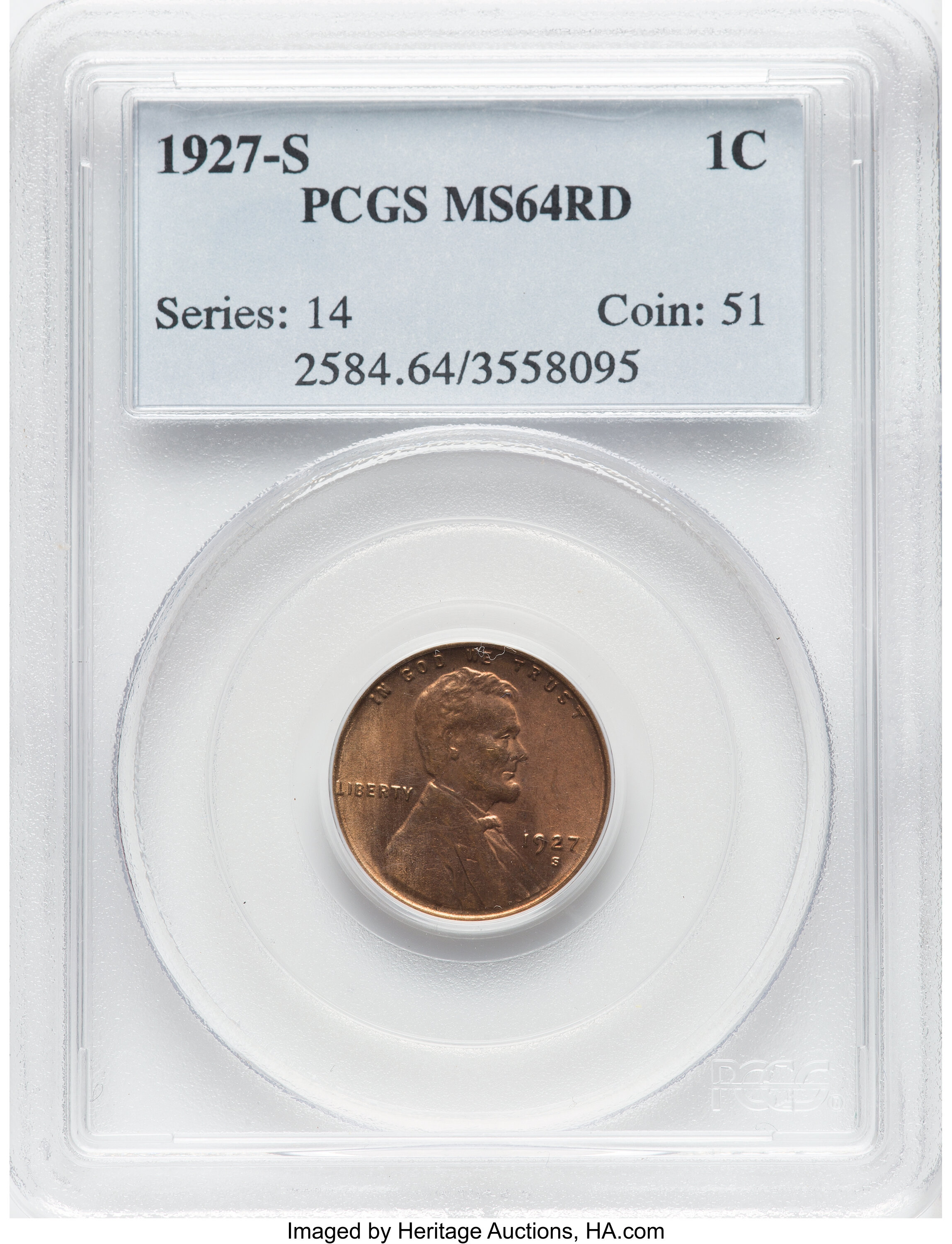 1927-S 1C MS64 Red PCGS. PCGS Population: (154/18). NGC Census: (16/7). CDN: $900 Whsle. Bid for NGC/PCGS MS64. Mintage 14,...