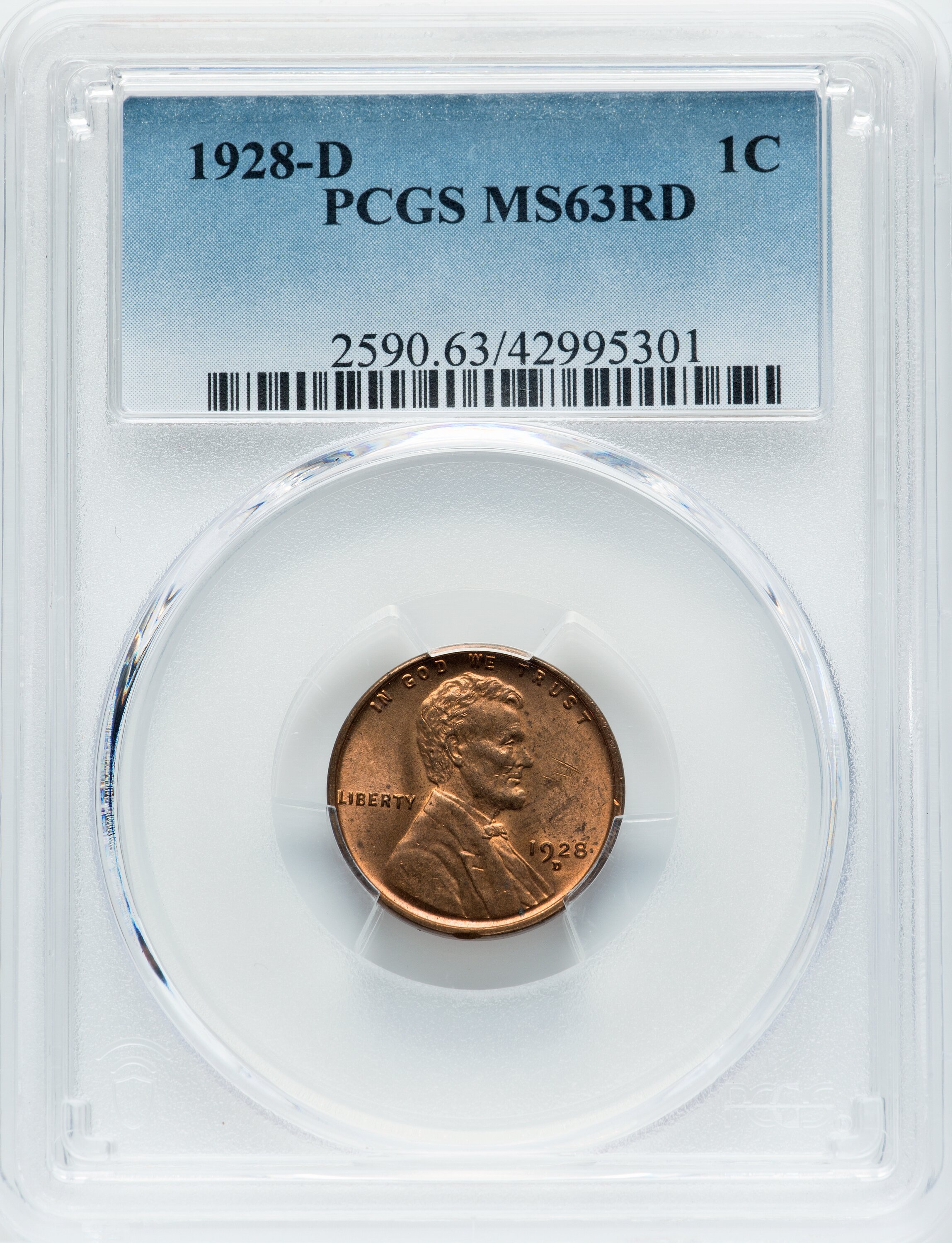 1928-D 1C MS63 Red PCGS. PCGS Population: (51/479). NGC Census: (18/92). CDN: $135 Whsle. Bid for NGC/PCGS MS63. Mintage 31...