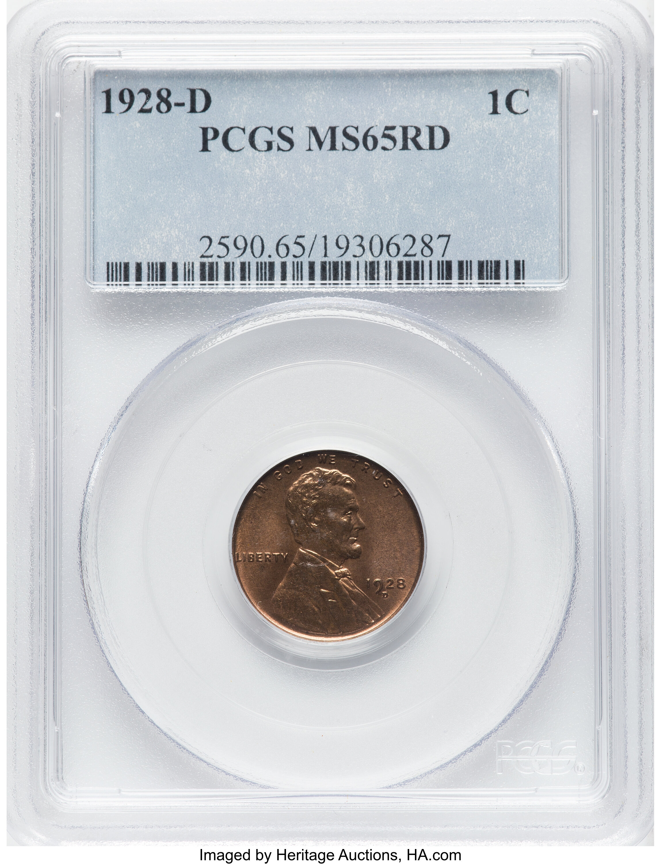 1928-D 1C MS65 Red PCGS. PCGS Population: (106/22). NGC Census: (33/6). CDN: $1,000 Whsle. Bid for NGC/PCGS MS65. Mintage 3...