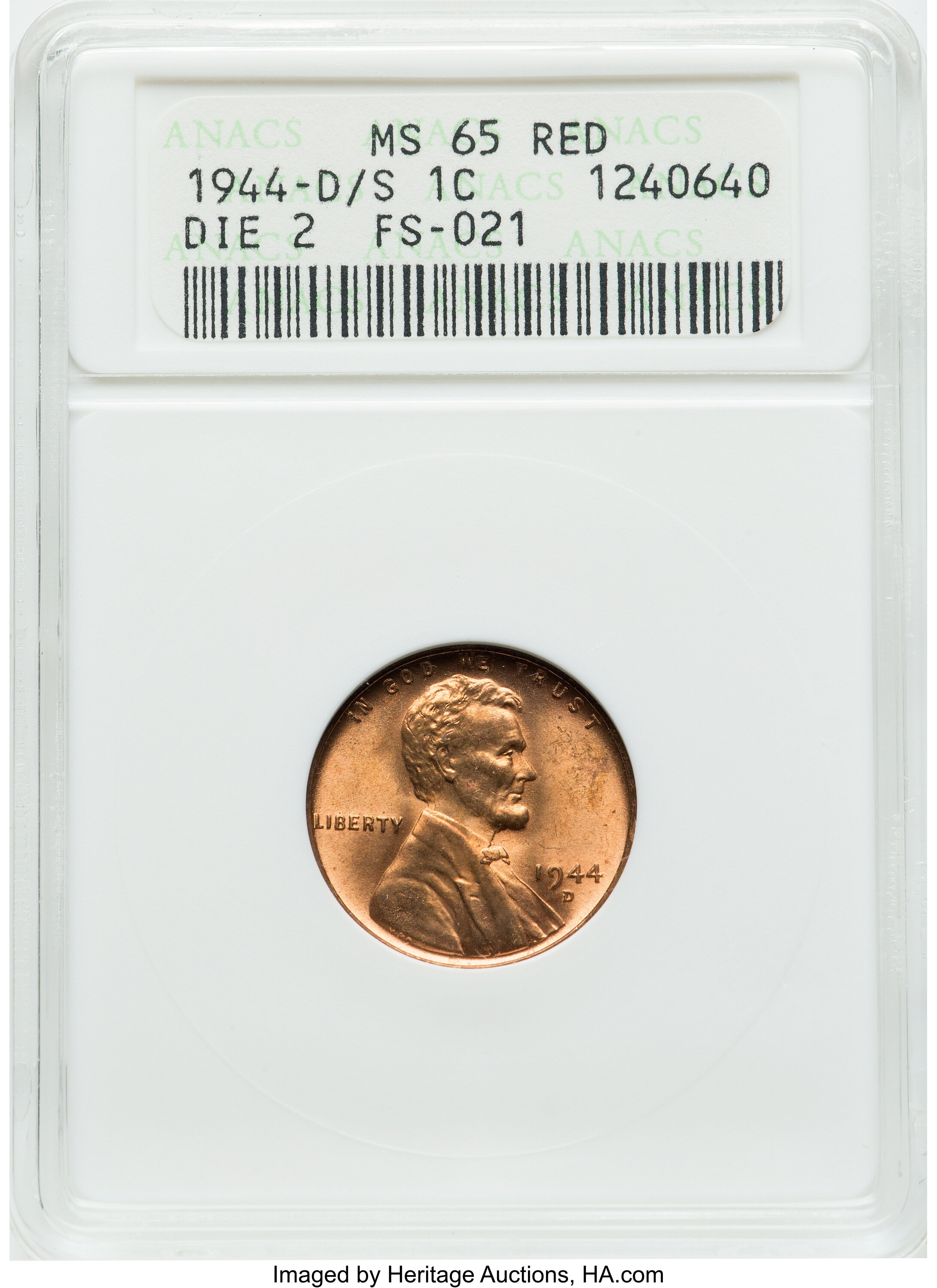 1944-D/S 1C Overmintmark, FS-512 MS65 Red ANACS. Formerly FS-021. ...