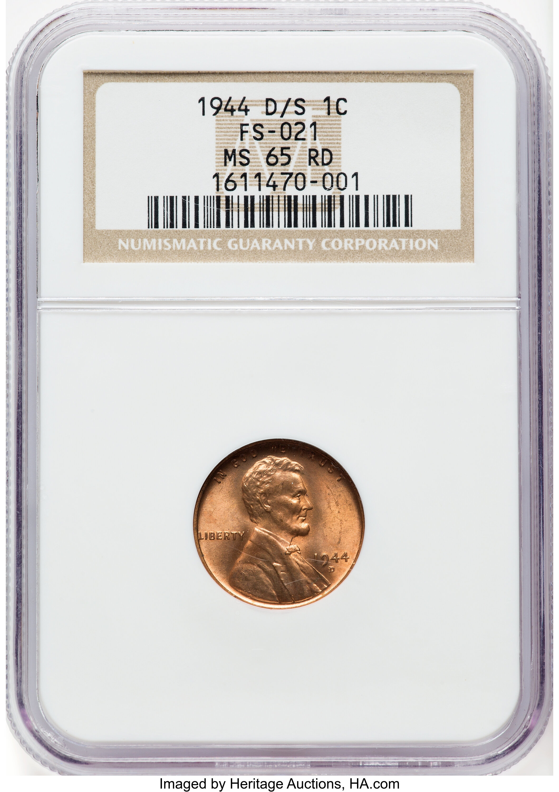 1944-D/S 1C FS-512 MS65 Red NGC. Formerly FS--021. Housed in a circa-2000 holder. NGC Census: (27/13). PCGS Population: (24...