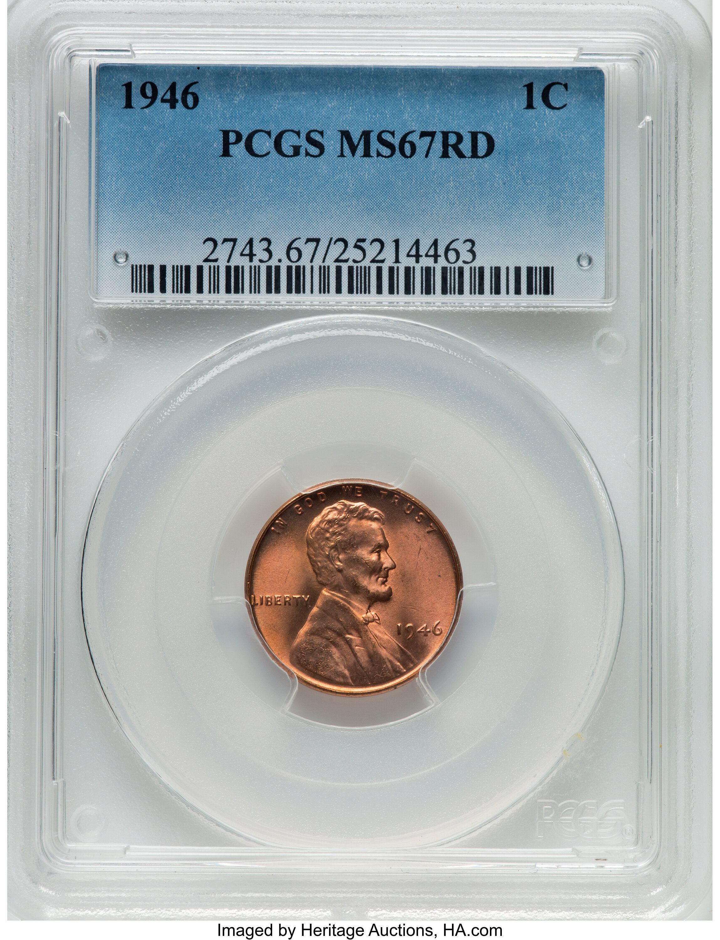 1946 1C MS67 Red PCGS. PCGS Population: (40/0). NGC Census: (63/0). CDN: $515 Whsle. Bid for NGC/PCGS MS67. Mintage 991,655...