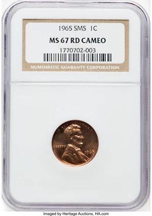 image for: 1965 1C SMS MS67 Red Cameo NGC. NGC Census: (14/0). PCGS Population: (2/0). CDN: $1,000 Whsle. Bid for NGC/PCGS MS67....