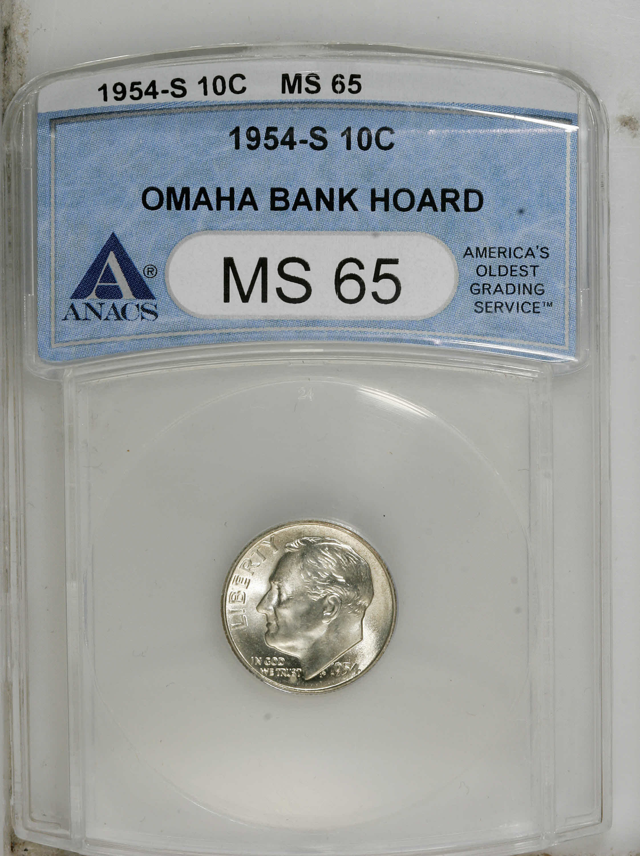 1954-S 10C MS65 ANACS. NGC Census: (47/1289). PCGS Population (127/1154). Mintage: 22,860,000. Numismedia Wsl. Price: $16. ...