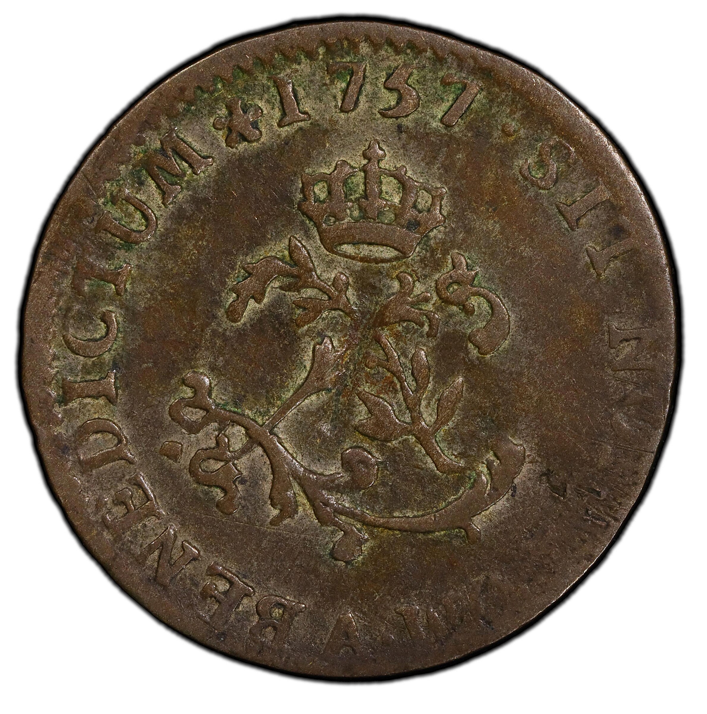 1757-A Sou Marque. Paris Mint. Vlack-37a. Rarity-2. No Stop After Heron. Second Semester. EF-40 (PCGS).