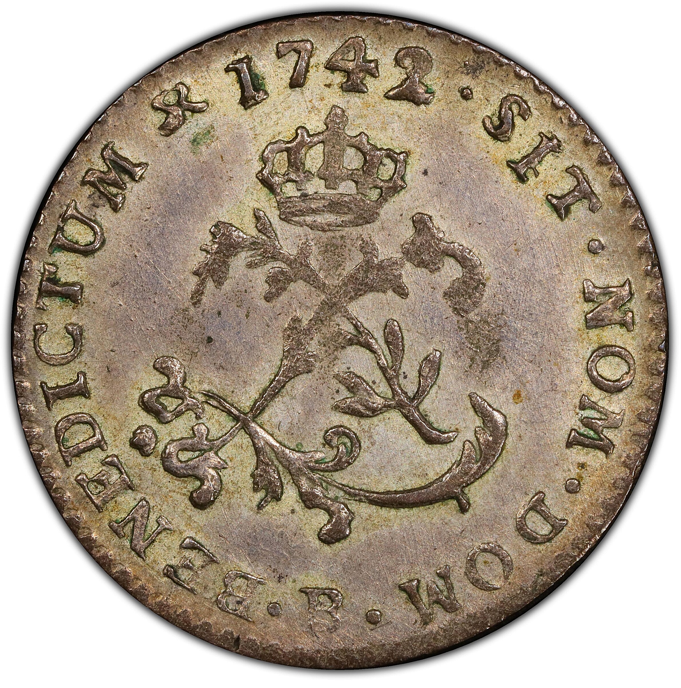 1742-B Sou Marque. Rouen Mint. Vlack-54. Rarity-7. MS-63 (PCGS).