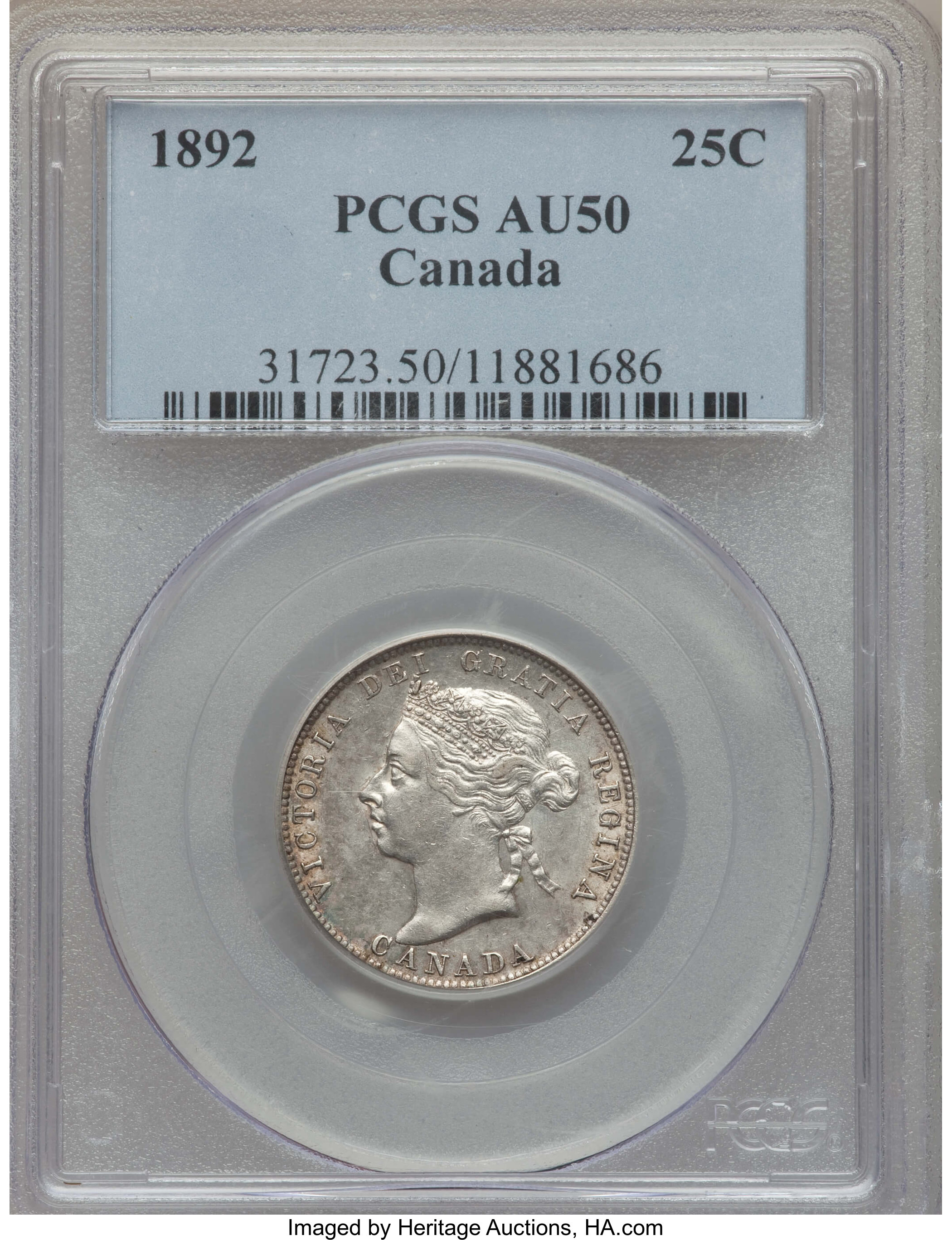 Canada: Victoria 25 Cents 1892 AU50 PCGS,...