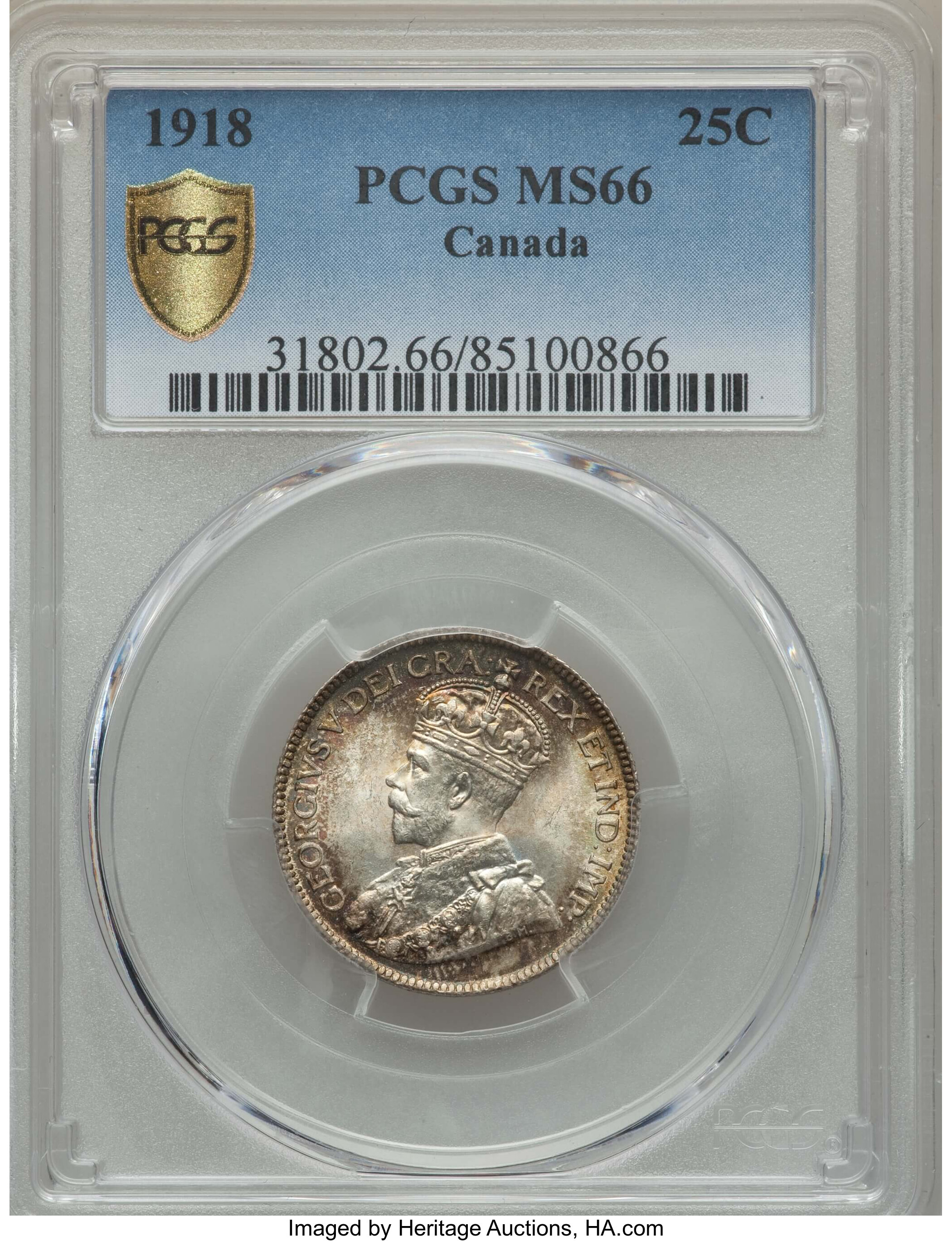 Canada: George V 25 Cents 1918 MS66 PCGS,...