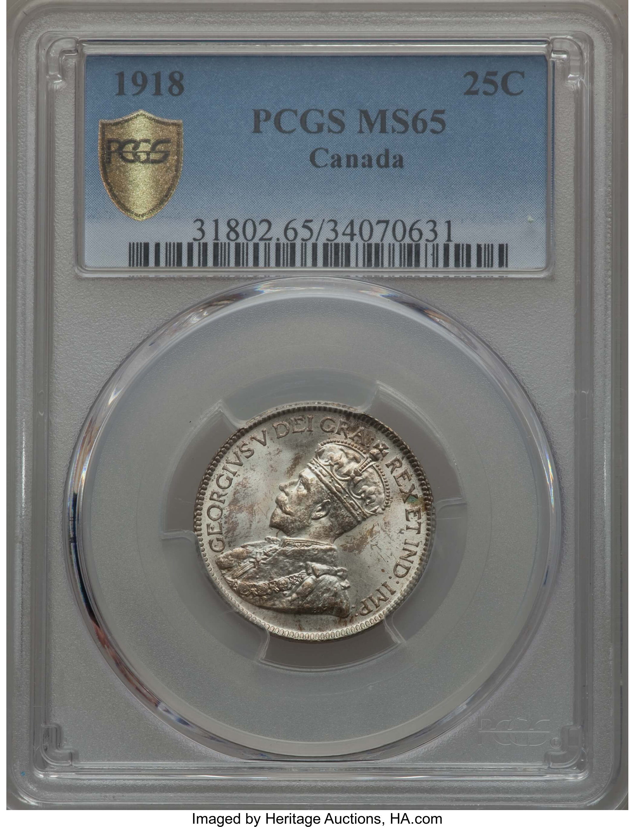 Canada: George V 25 Cents 1918 MS65 PCGS,...