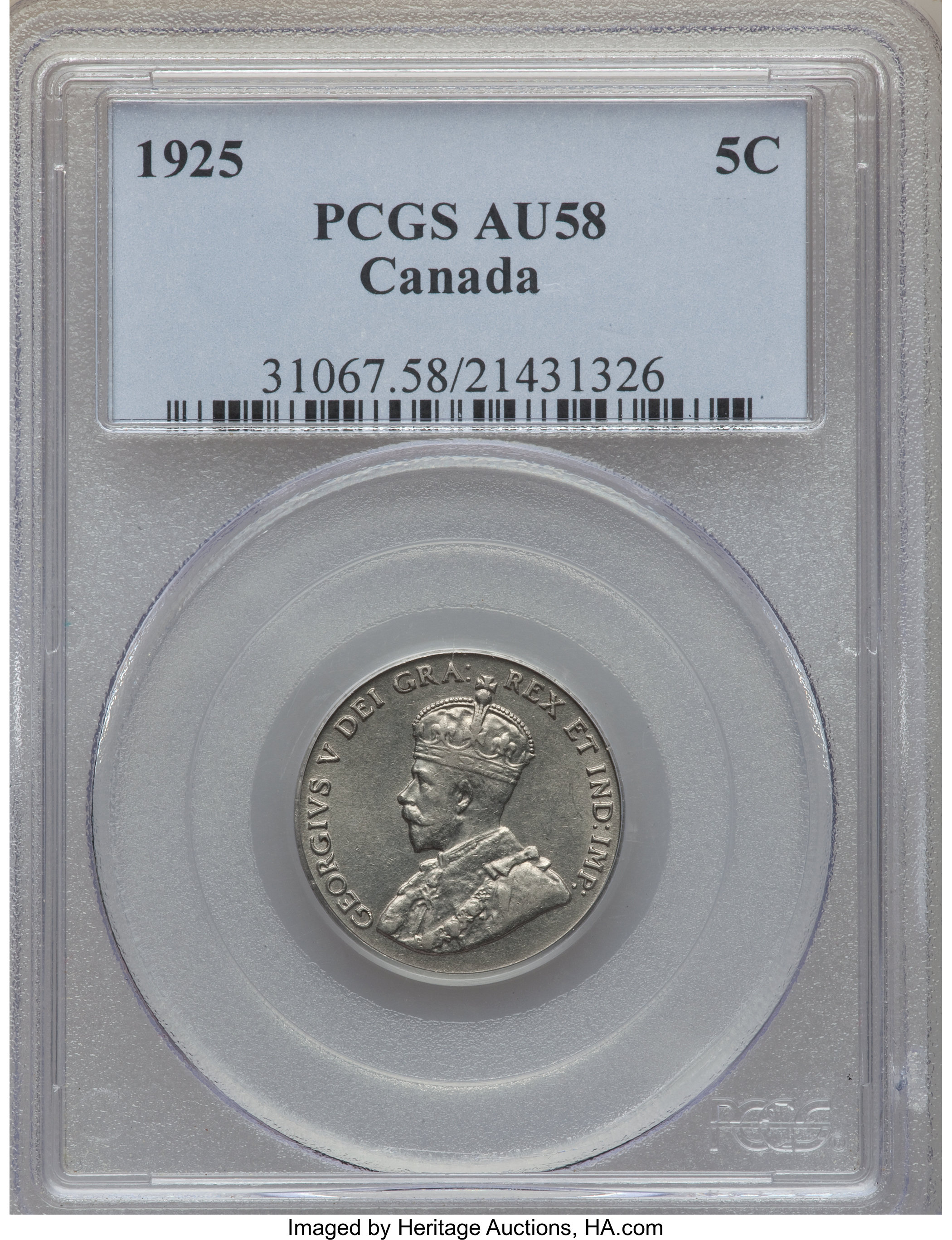 Canada: George V 5 Cents 1925 AU58 PCGS,...