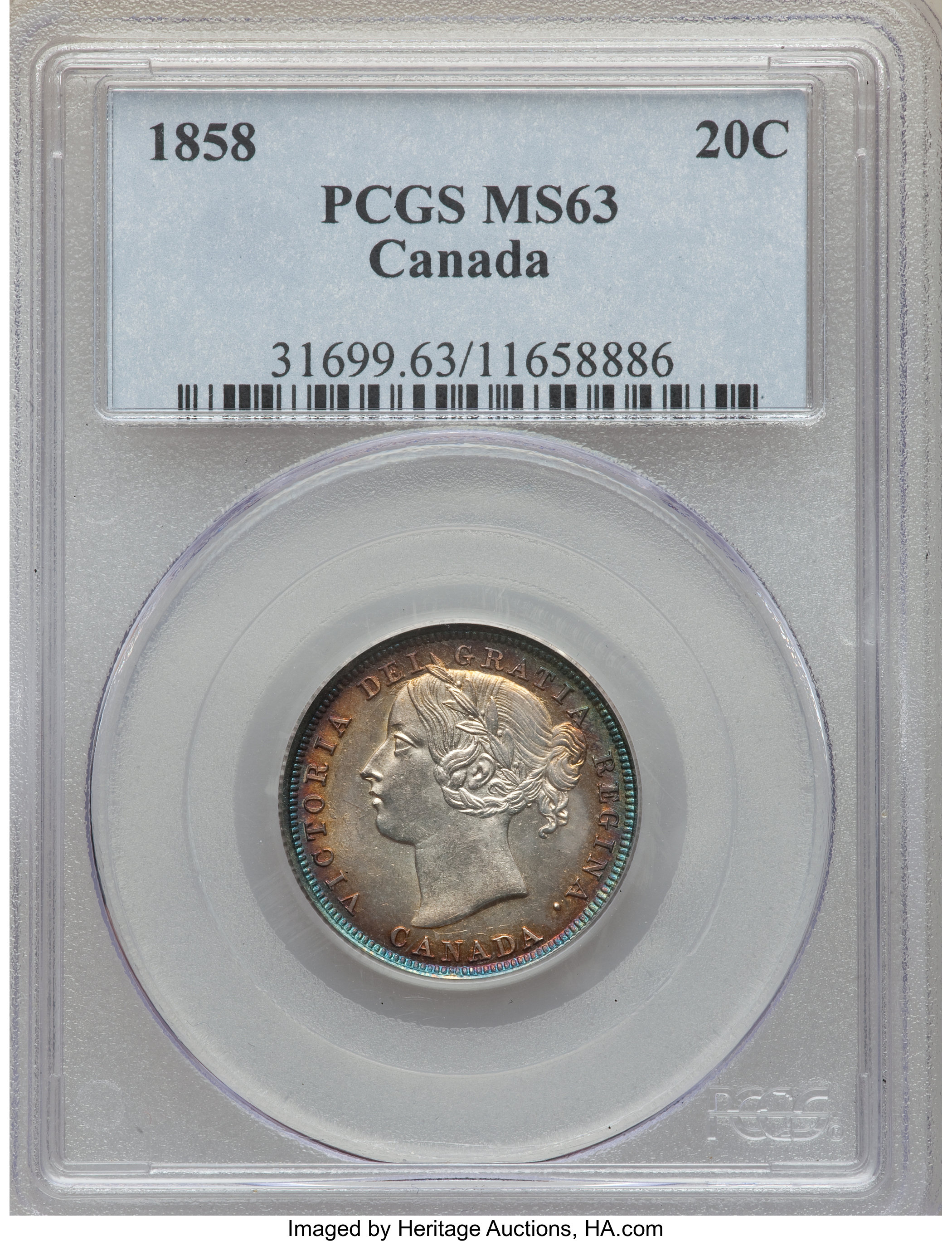 1858 20c Province of Canada, Coin Turn ↑↓ MS61 thumbnail 10