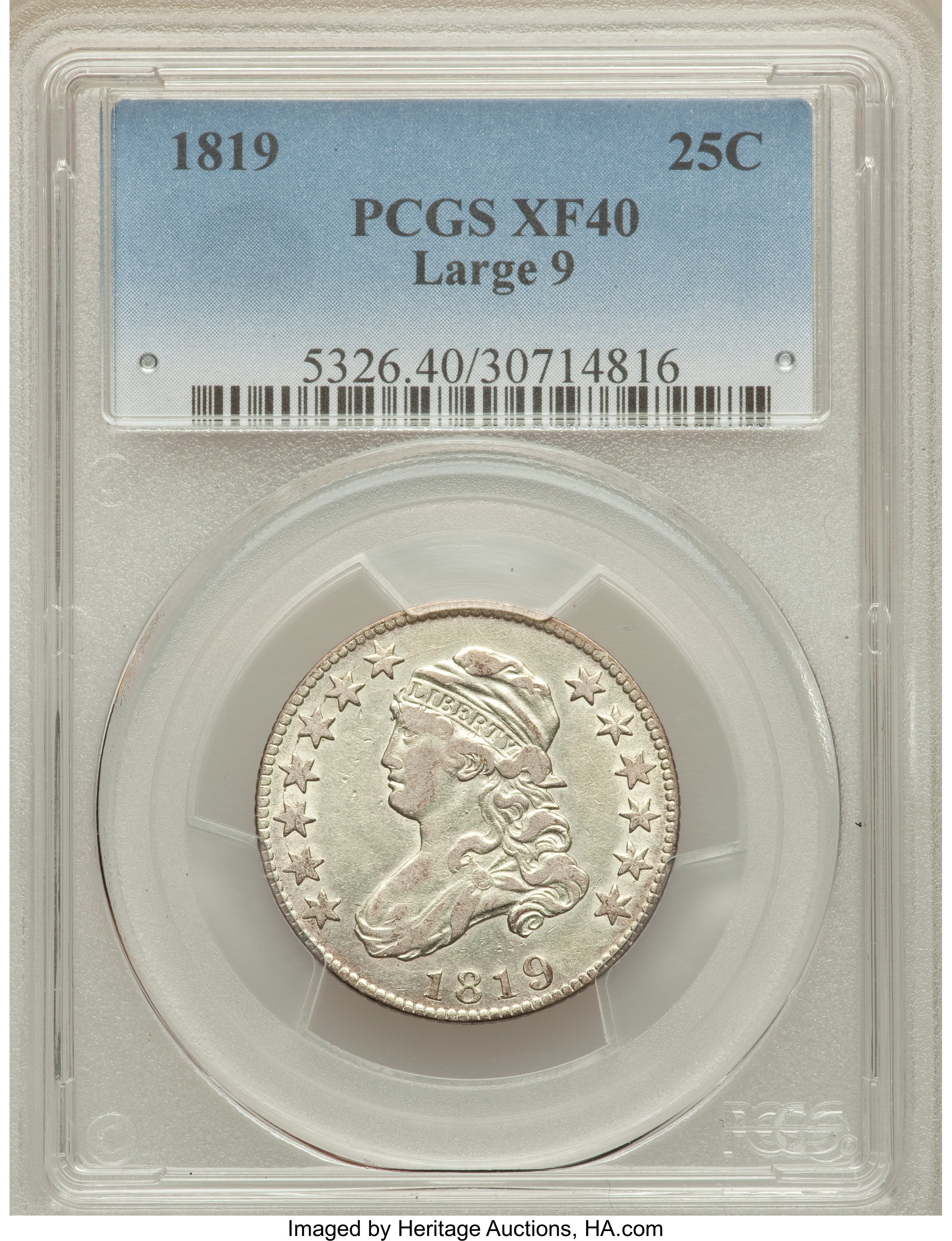 1819 25C Large 9, B-2, R.3, XF40 PCGS. ...
