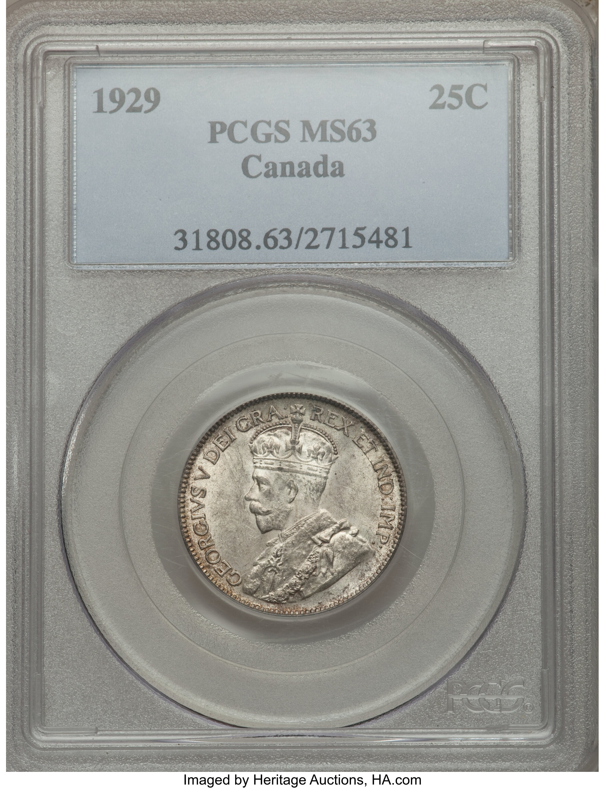 Canada: George V 25 Cents 1929 MS63 PCGS,...