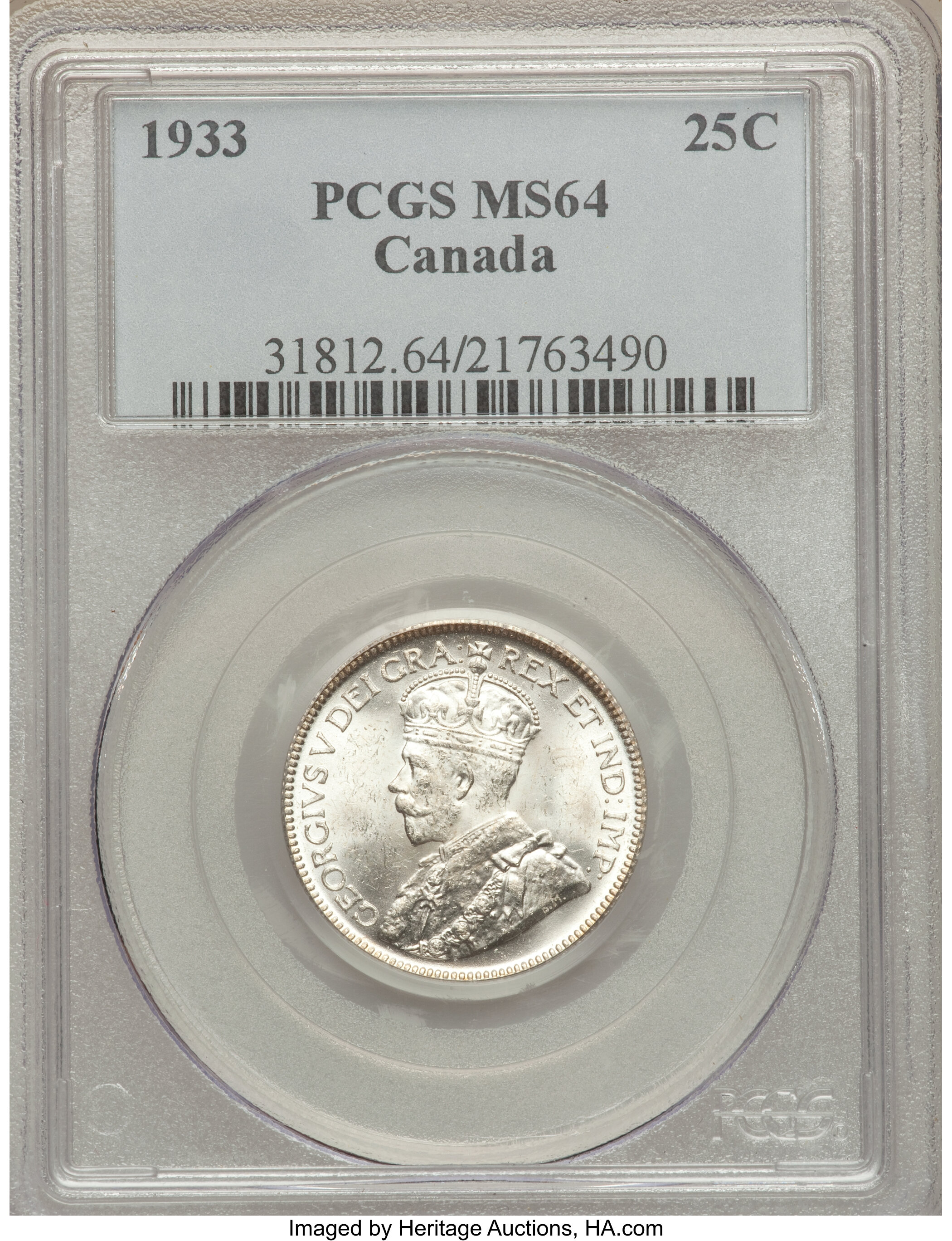 Canada: George V 25 Cents 1933 MS64 PCGS,...