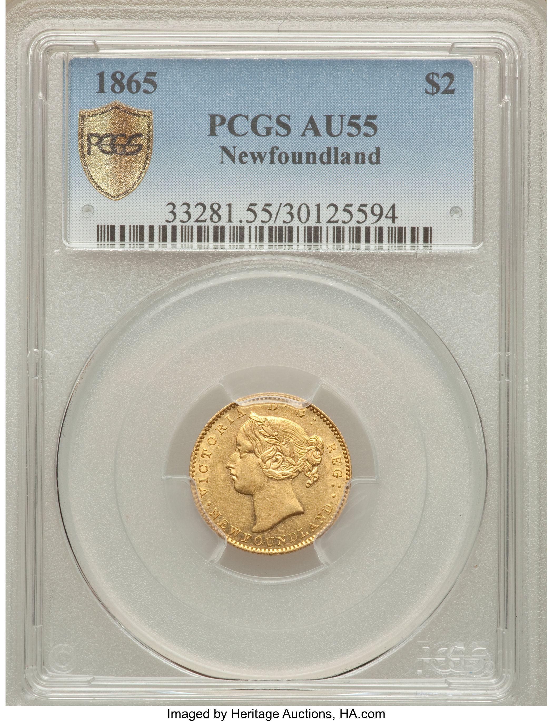Canada: Newfoundland. Victoria gold 2 Dollars 1865 AU55 PCGS,...