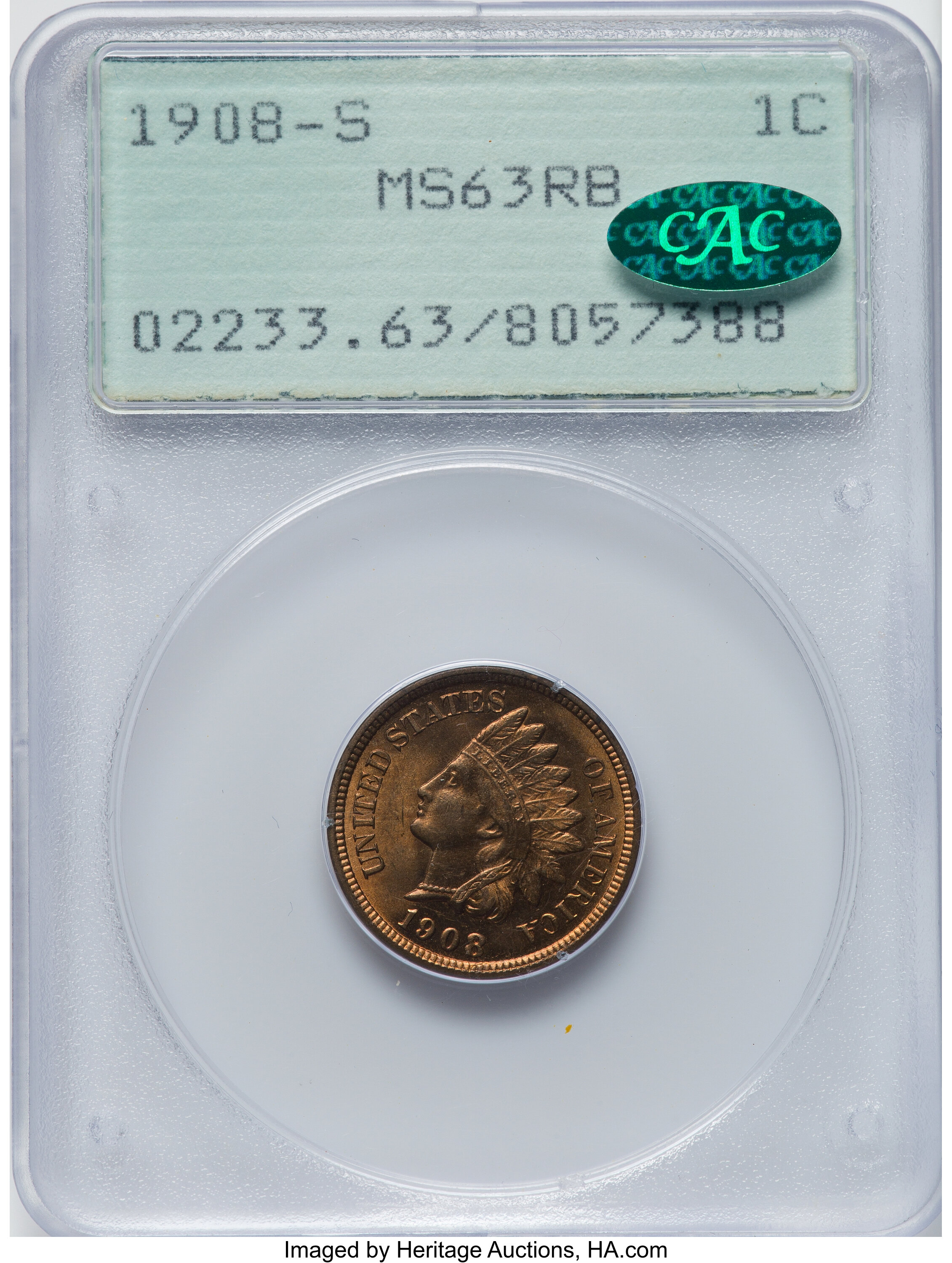 1908-S 1C MS63 Red and Brown PCGS. CAC. PCGS Population: (290/716). NGC Census: (103/443). CDN: $540 Whsle. Bid for NGC/PCG...
