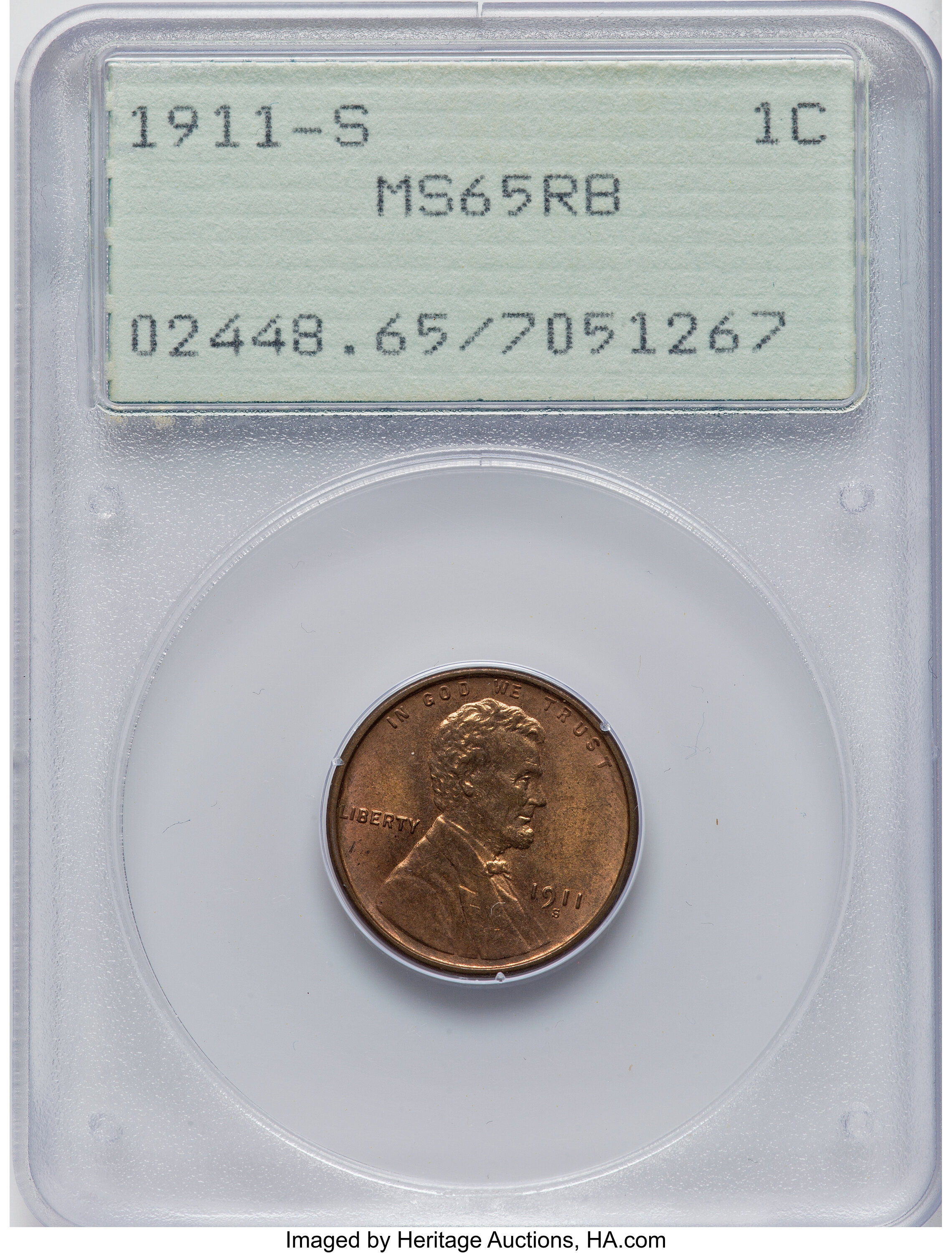 1911-S 1C MS65 Red and Brown PCGS. PCGS Population: (96/4). NGC Census: (65/4). CDN: $1,000 Whsle. Bid for NGC/PCGS MS65. M...