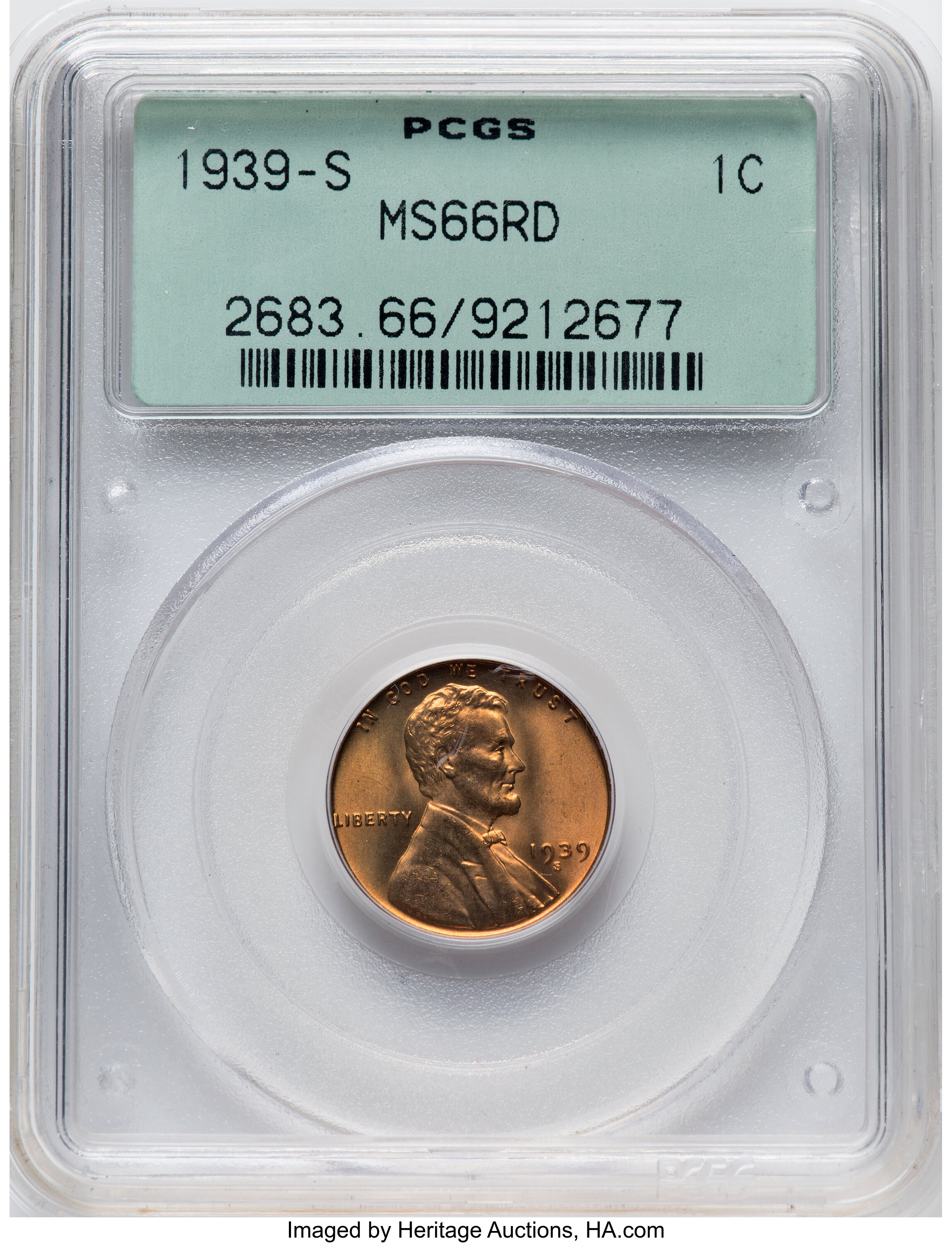1939-S 1C MS66 Red PCGS. PCGS Population: (3873/493). NGC Census: (2720/1116). CDN: $35 Whsle. Bid for NGC/PCGS MS66. Minta...