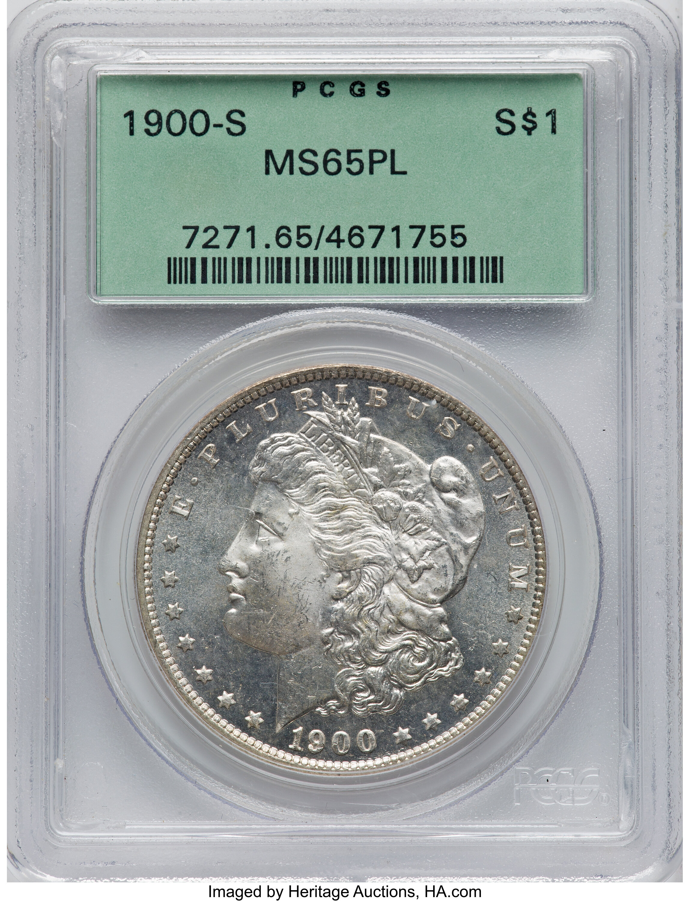 1900-S $1 MS65 Prooflike PCGS. PCGS Population: (21/6). NGC Census: (9/0). CDN: $2,200 Whsle. Bid for NGC/PCGS MS65. Mintag...