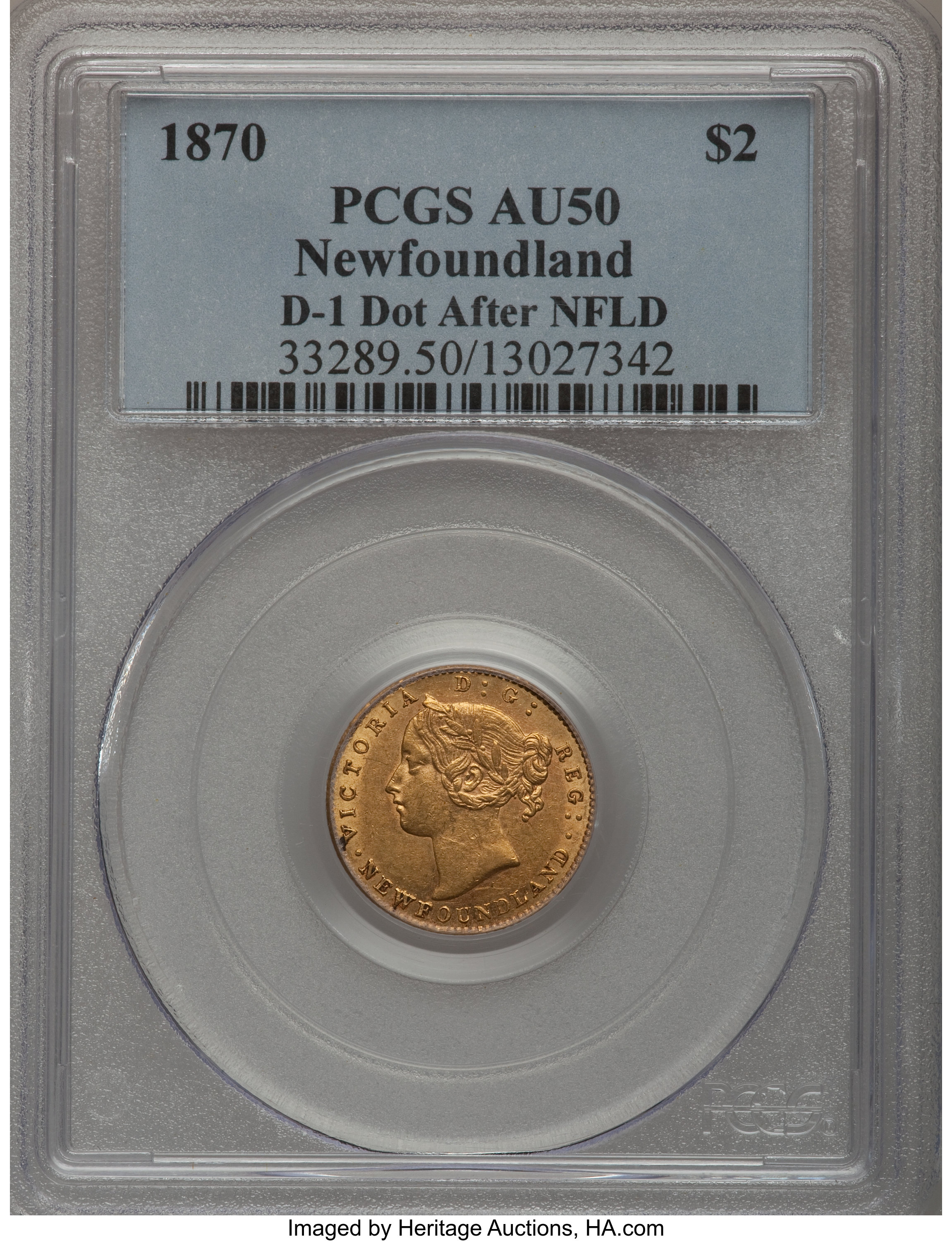 1870 $2 Newfoundland, 3 Dots AU50 thumbnail 2