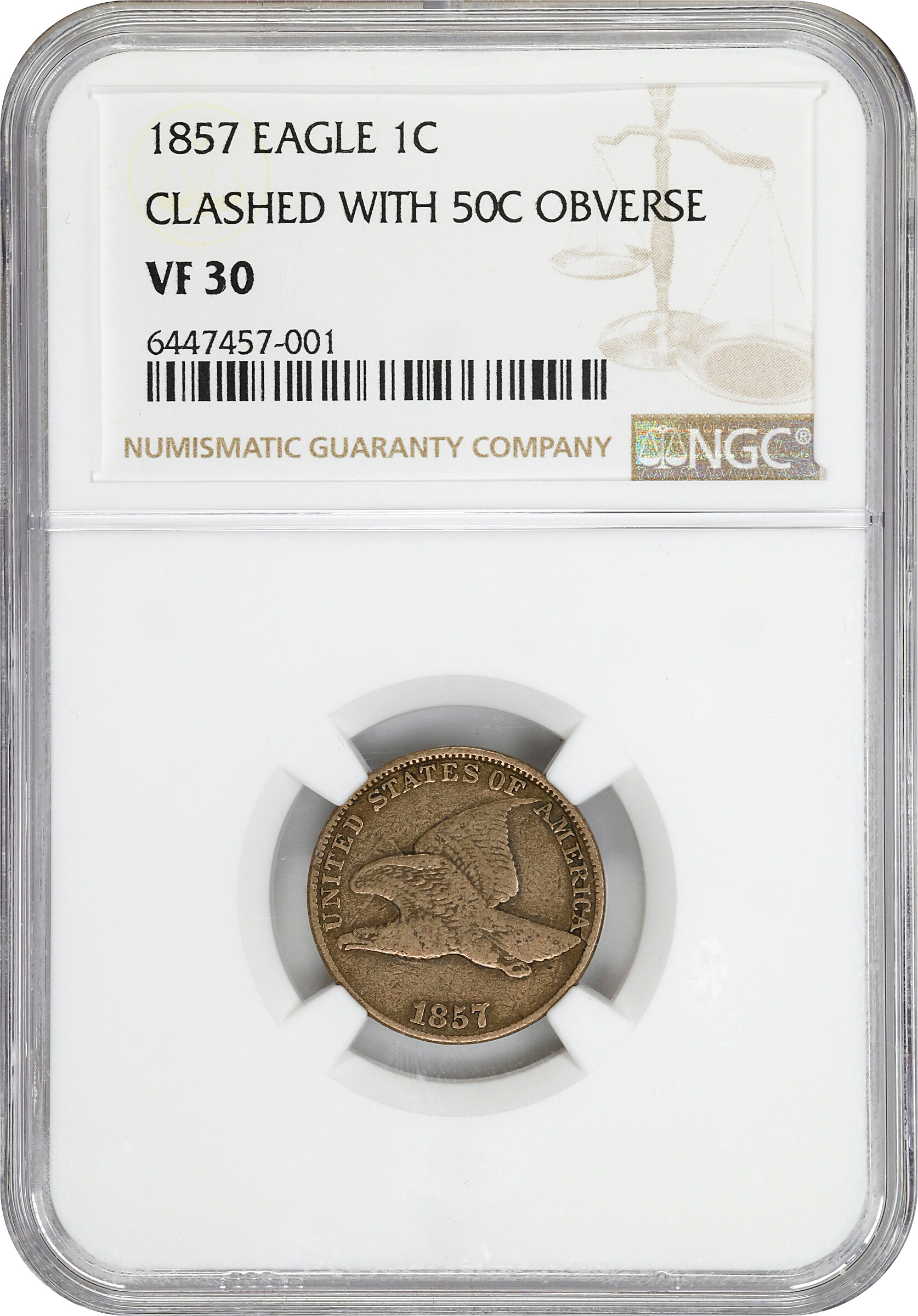 1857 1c Flying Eagle, 50c Obv. Clash, FS-402, S-9 VF30 thumbnail 3
