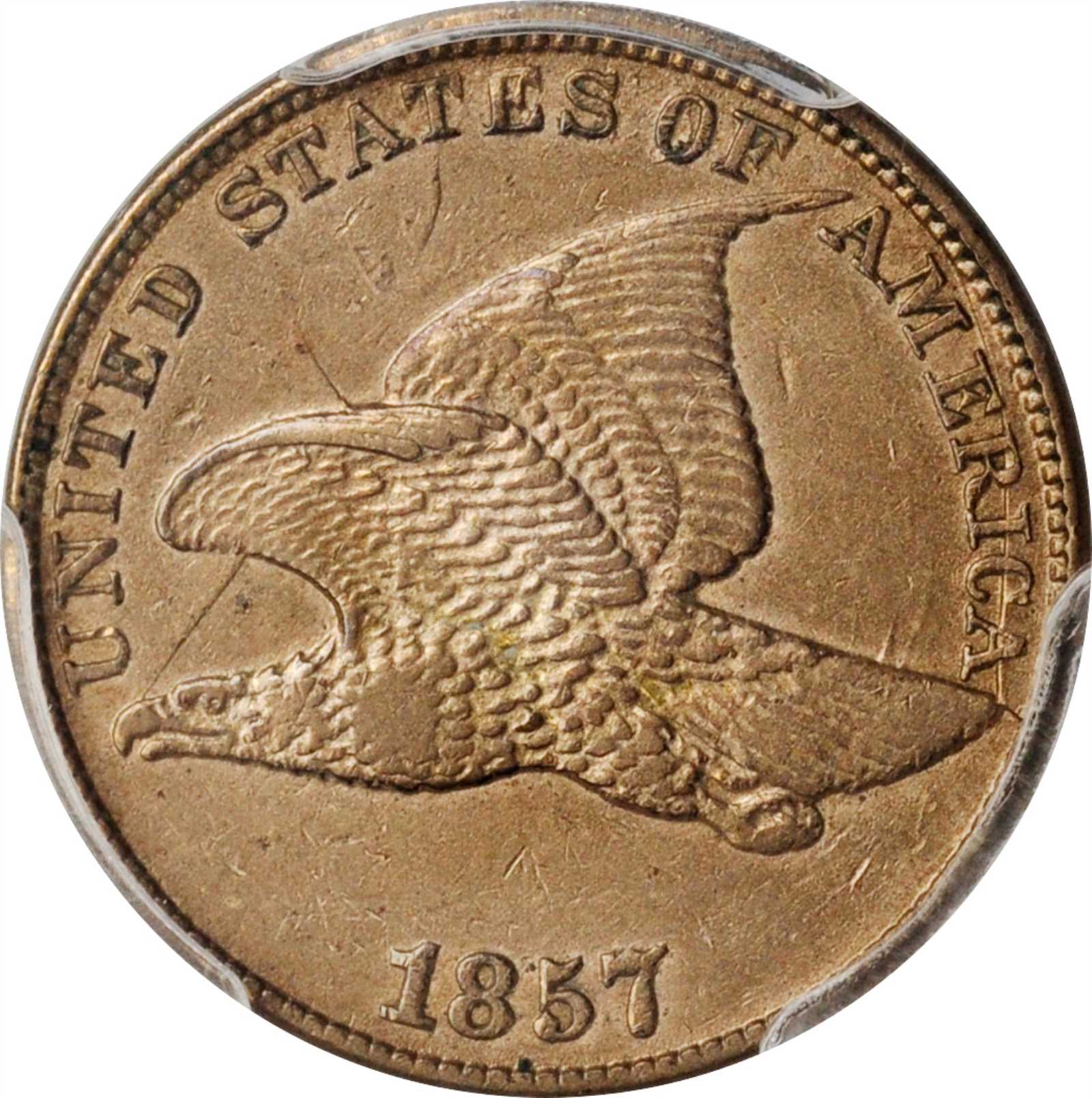1857 Flying Eagle Cent. Snow-9, FS-402. Obverse Die Clash with Liberty Seated Half Dollar. EF Details--Cleaned (PCGS).