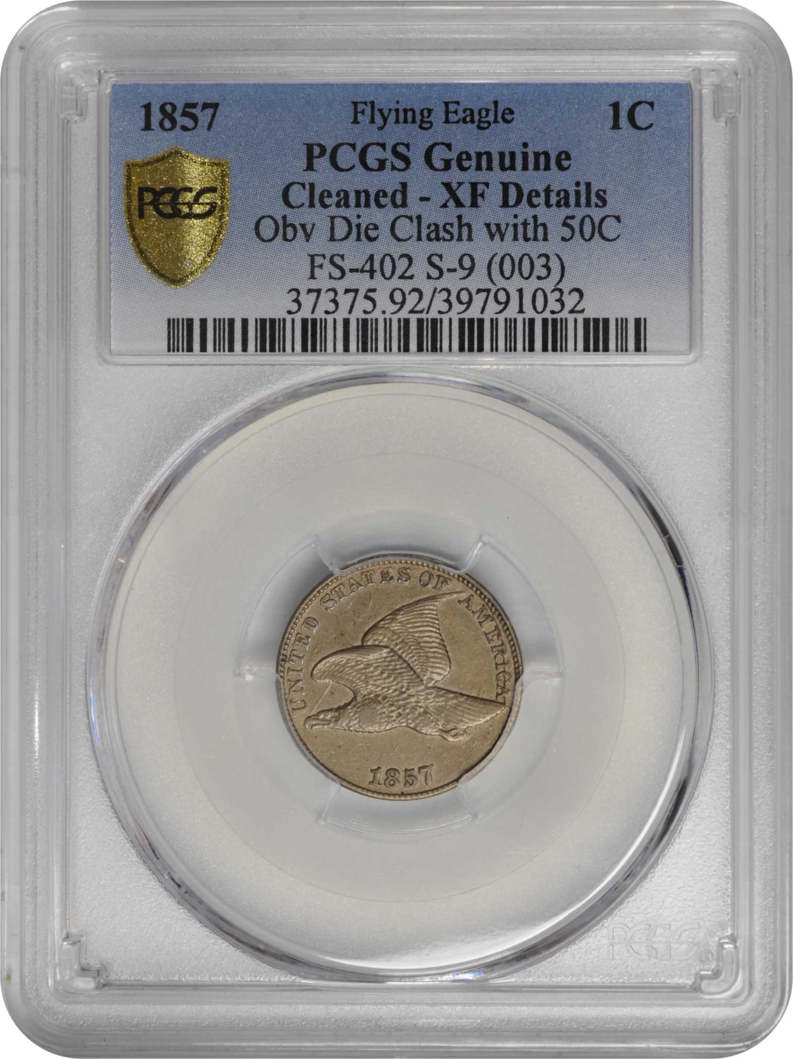 1857 1c Flying Eagle, 50c Obv. Clash, FS-402, S-9 G4 thumbnail 4