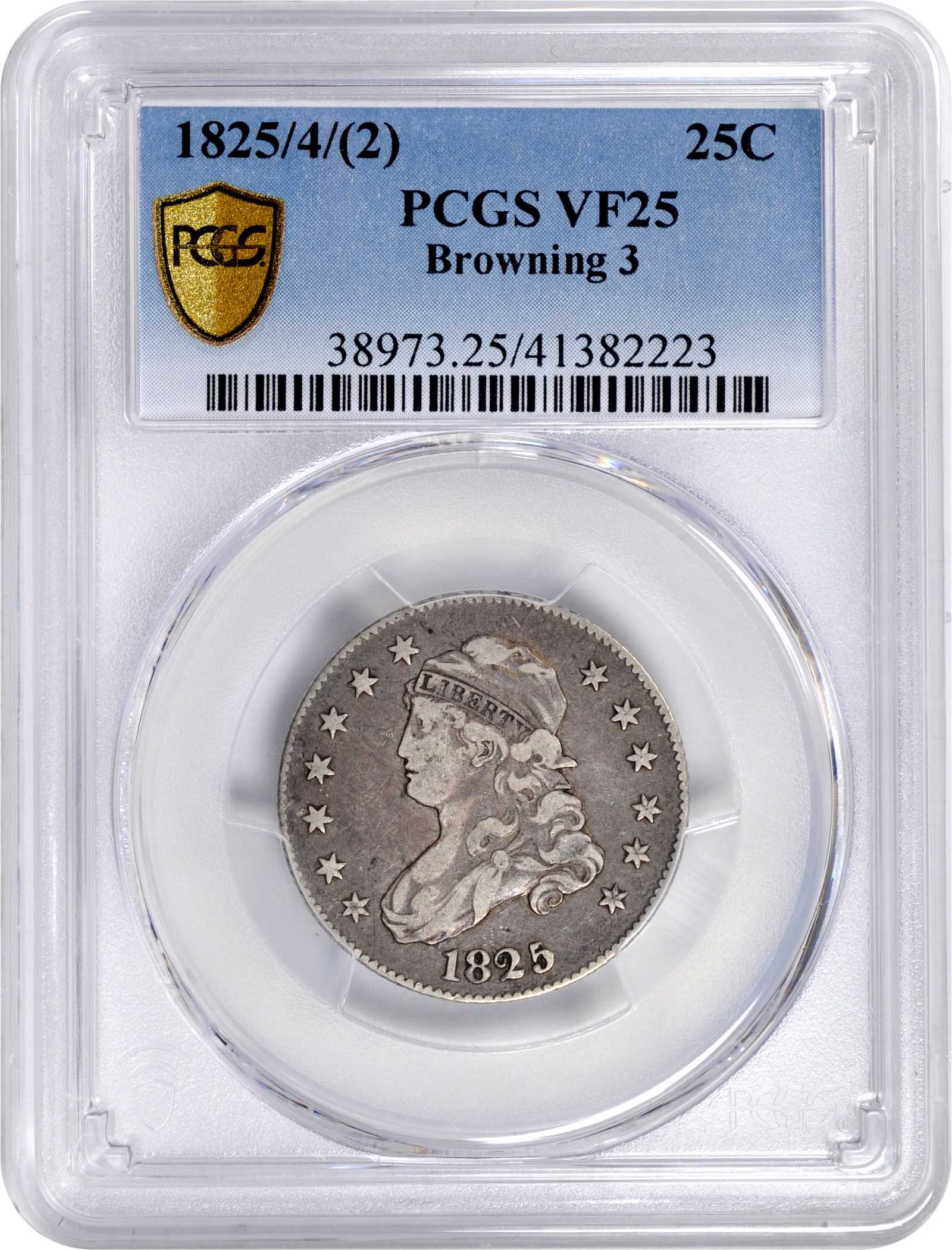 1825/4/(2) 25c Overdate, B-3, FS-303 VF25 thumbnail 3