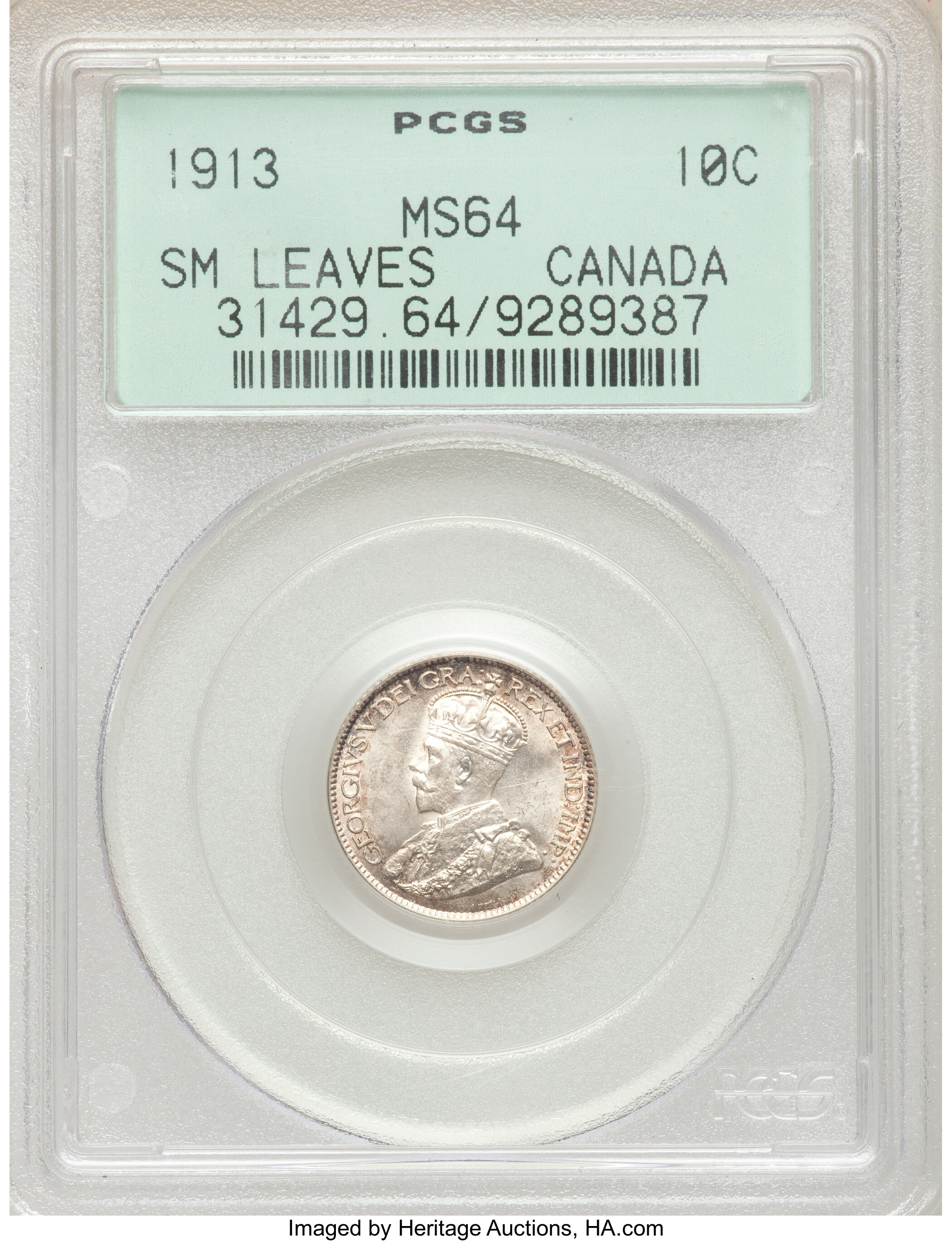 Canada: George V "Small Leaves" 10 Cents 1913 MS64 PCGS,...