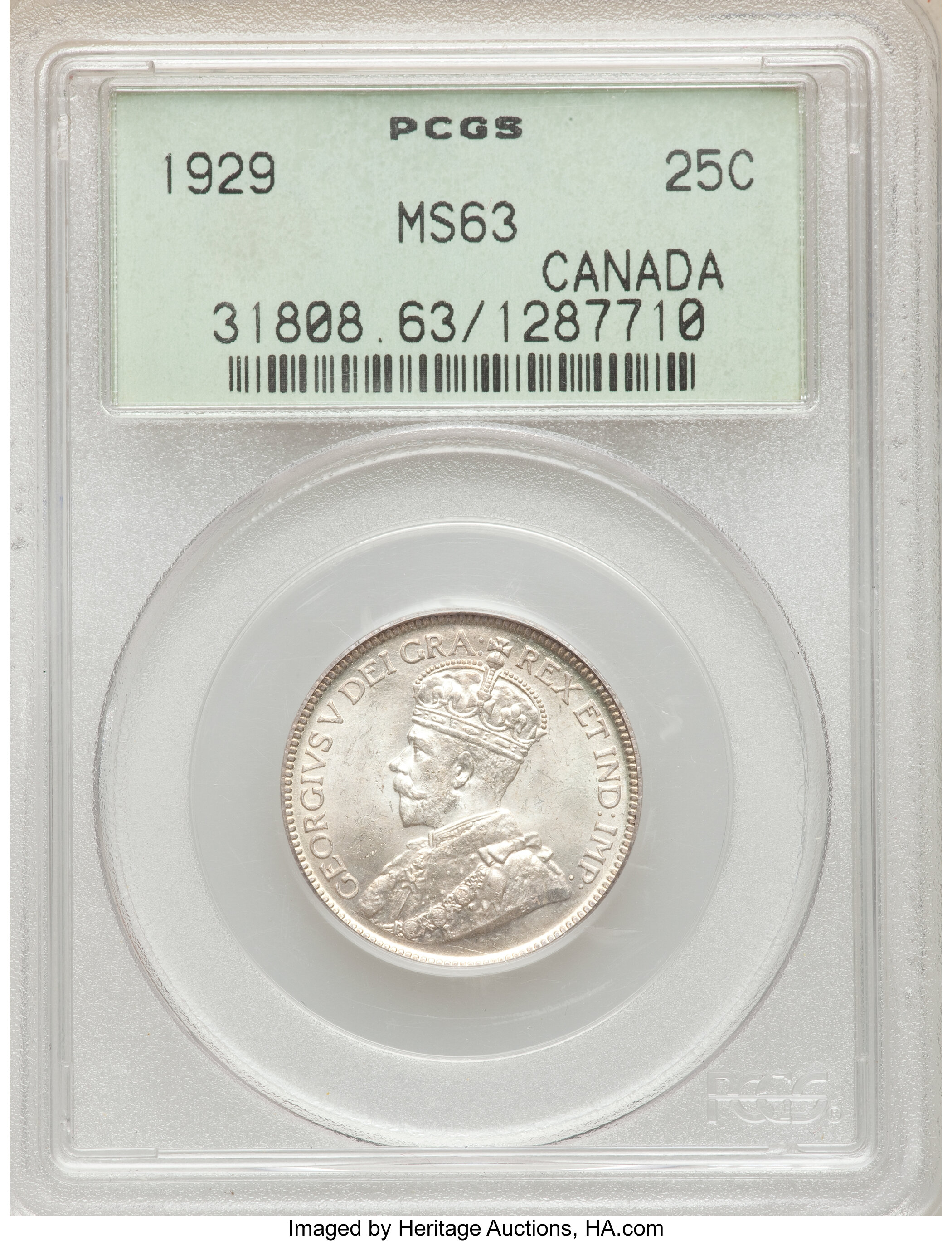 Canada: George V 25 Cents 1929 MS63 PCGS,...
