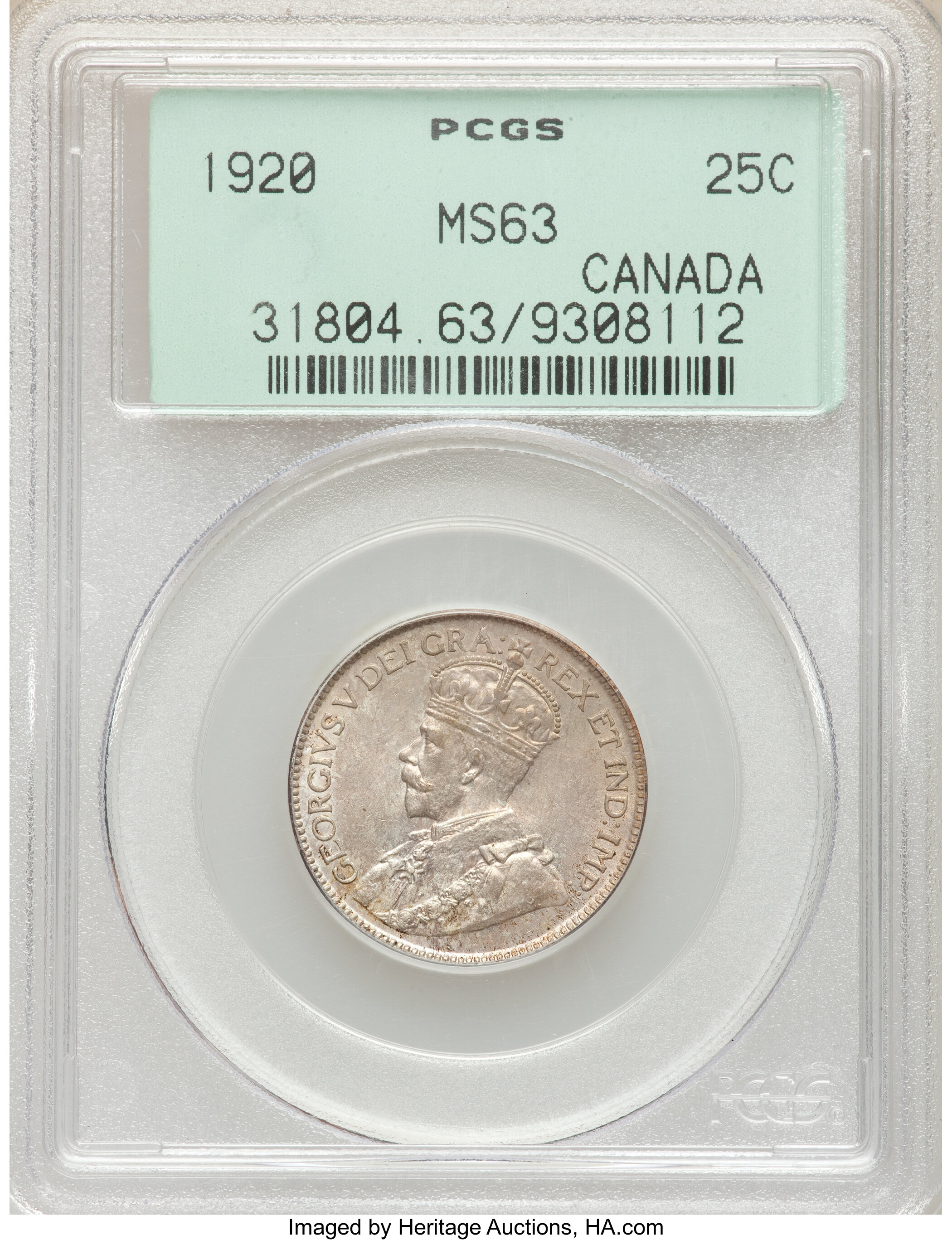 Canada: George V 25 Cents 1920 MS63 PCGS,...
