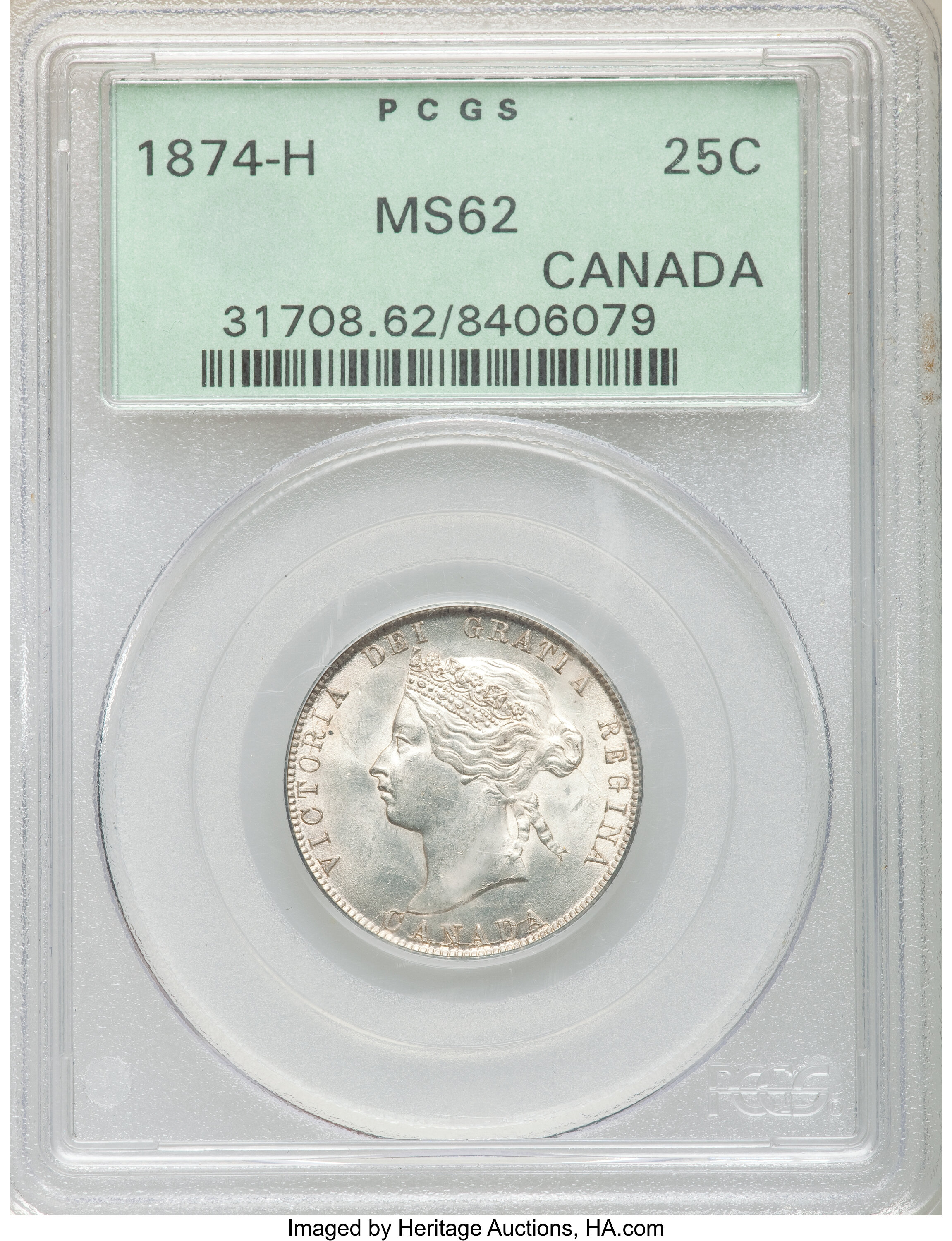 Canada: Victoria 25 Cents 1874-H MS62 PCGS,...