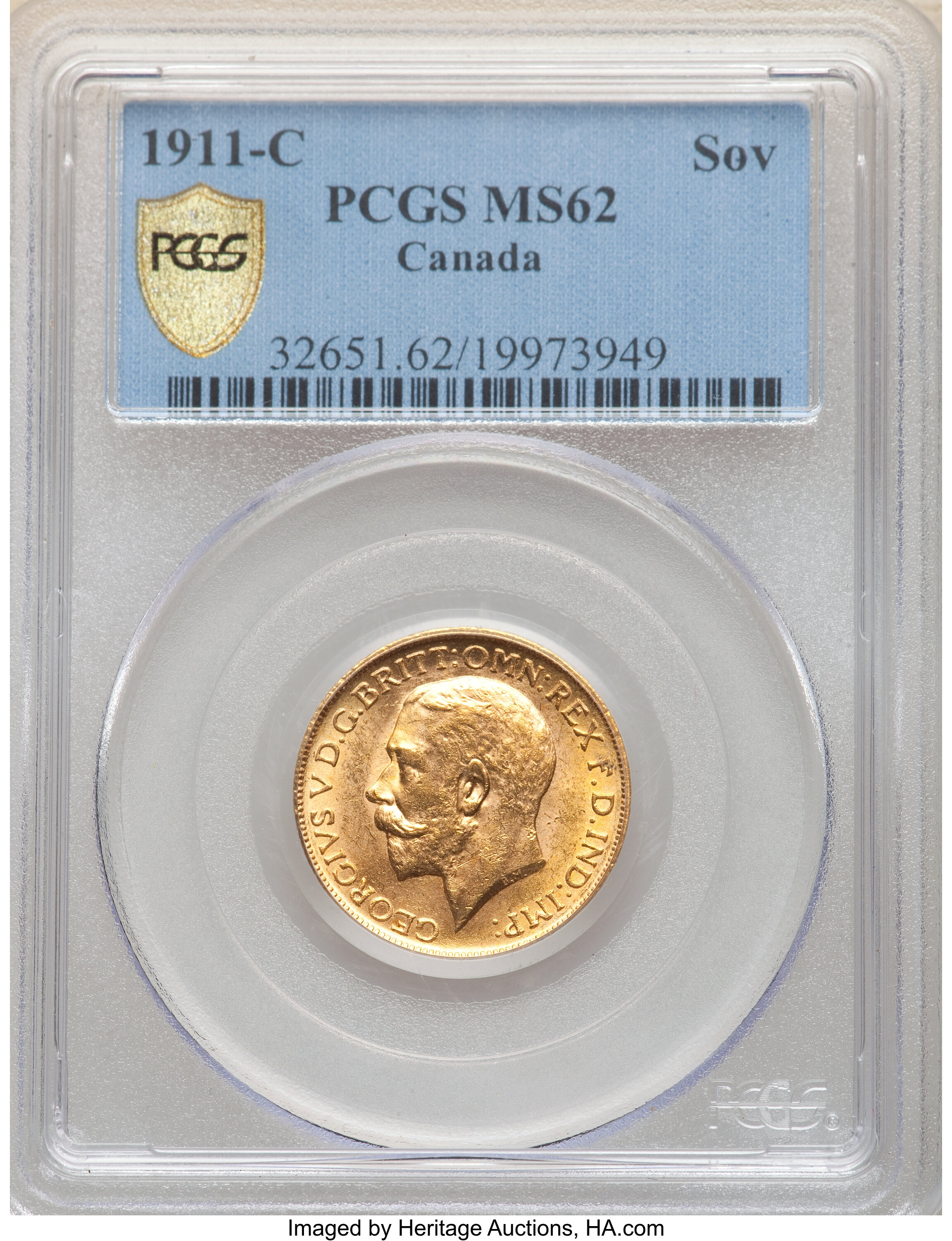 Canada: George V gold Sovereign 1911-C MS62 PCGS,...