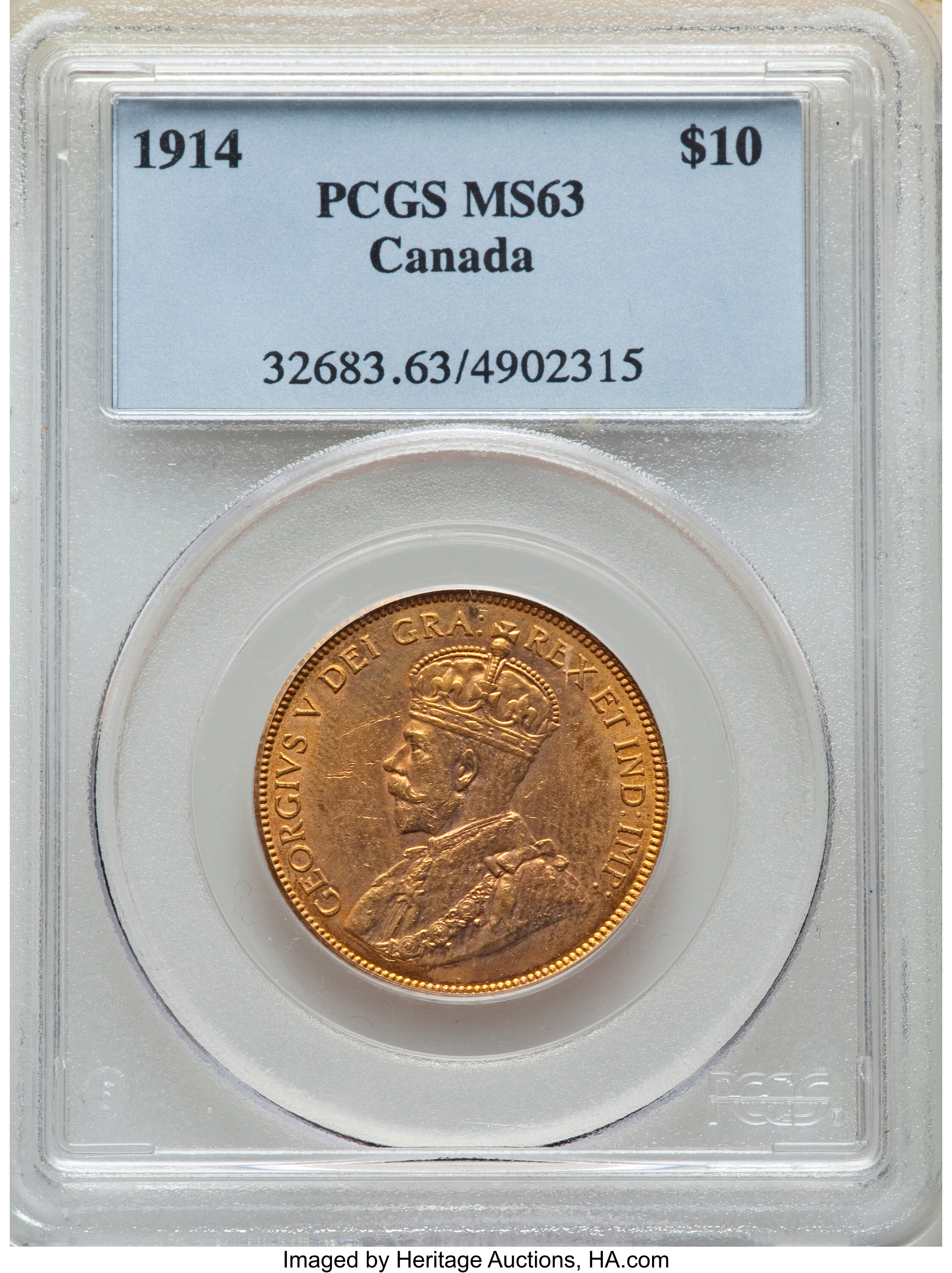 Canada: George V gold 10 Dollars 1914 MS63 PCGS,...