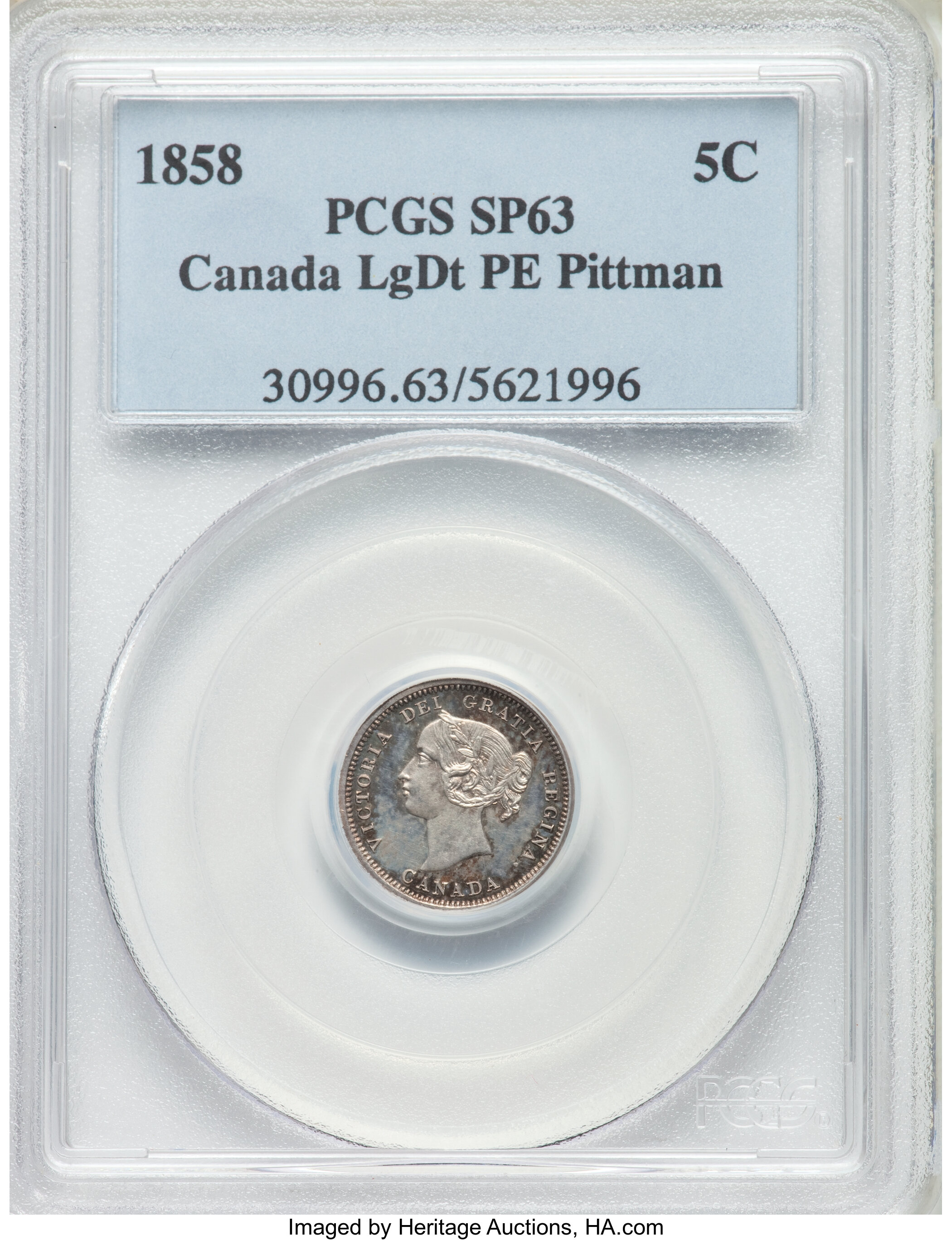 1858 S5c Province of Canada, Large Date, Plain Edge MS62 thumbnail 2