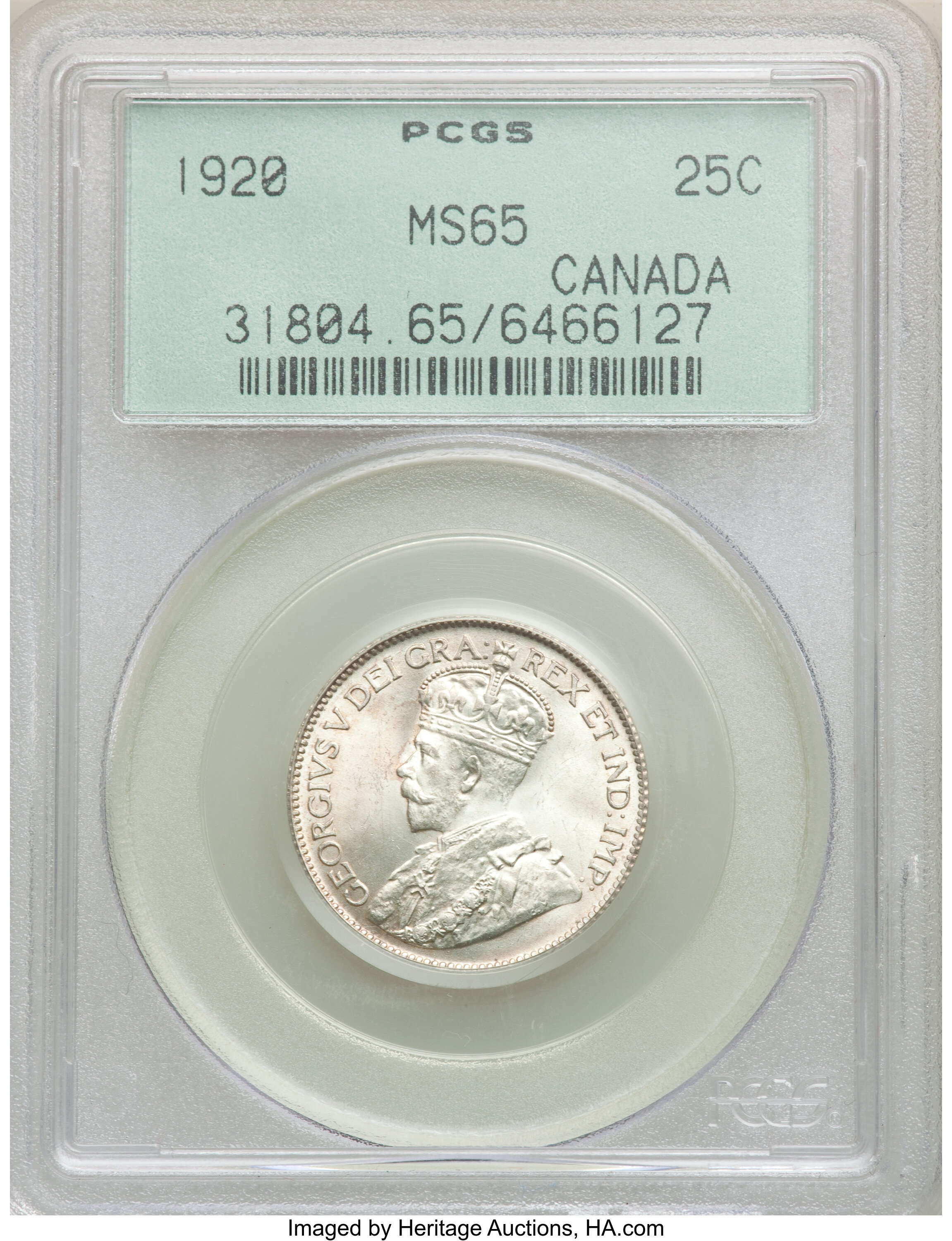 Canada: George V 25 Cents 1920 MS65 PCGS,...