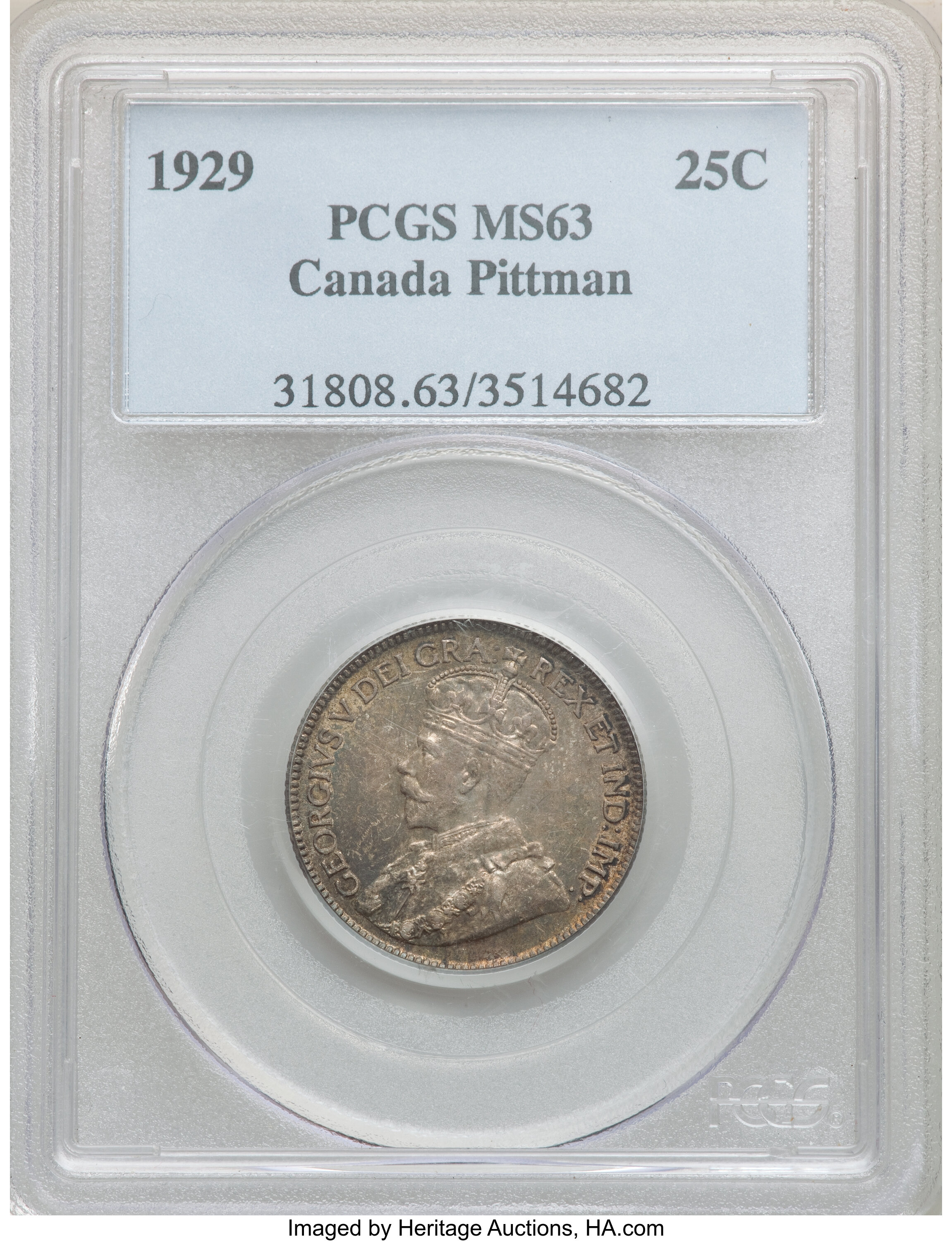 Canada: George V 25 Cents 1929 MS63 PCGS,...