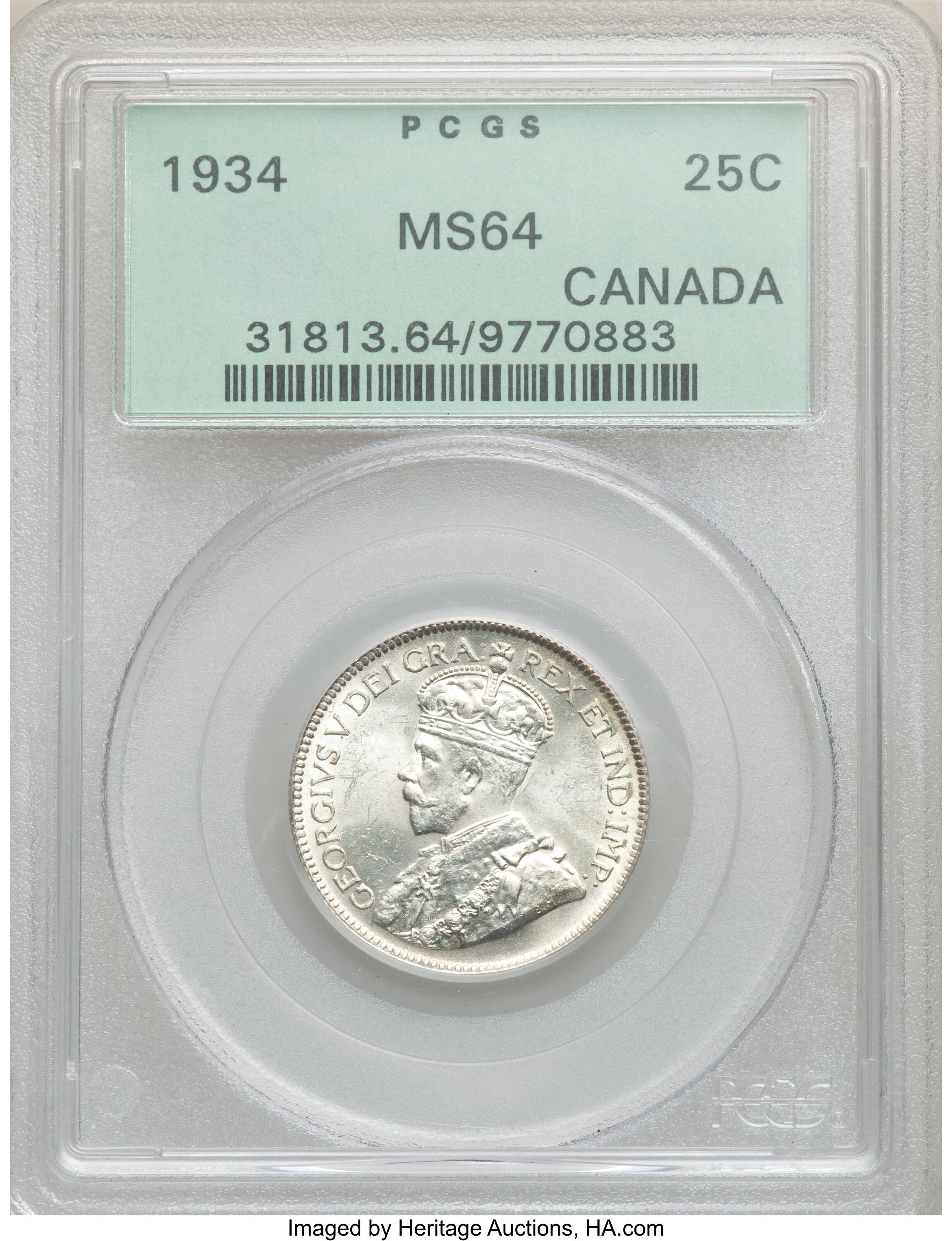 Canada: George V 25 Cents 1934 MS64 PCGS,...