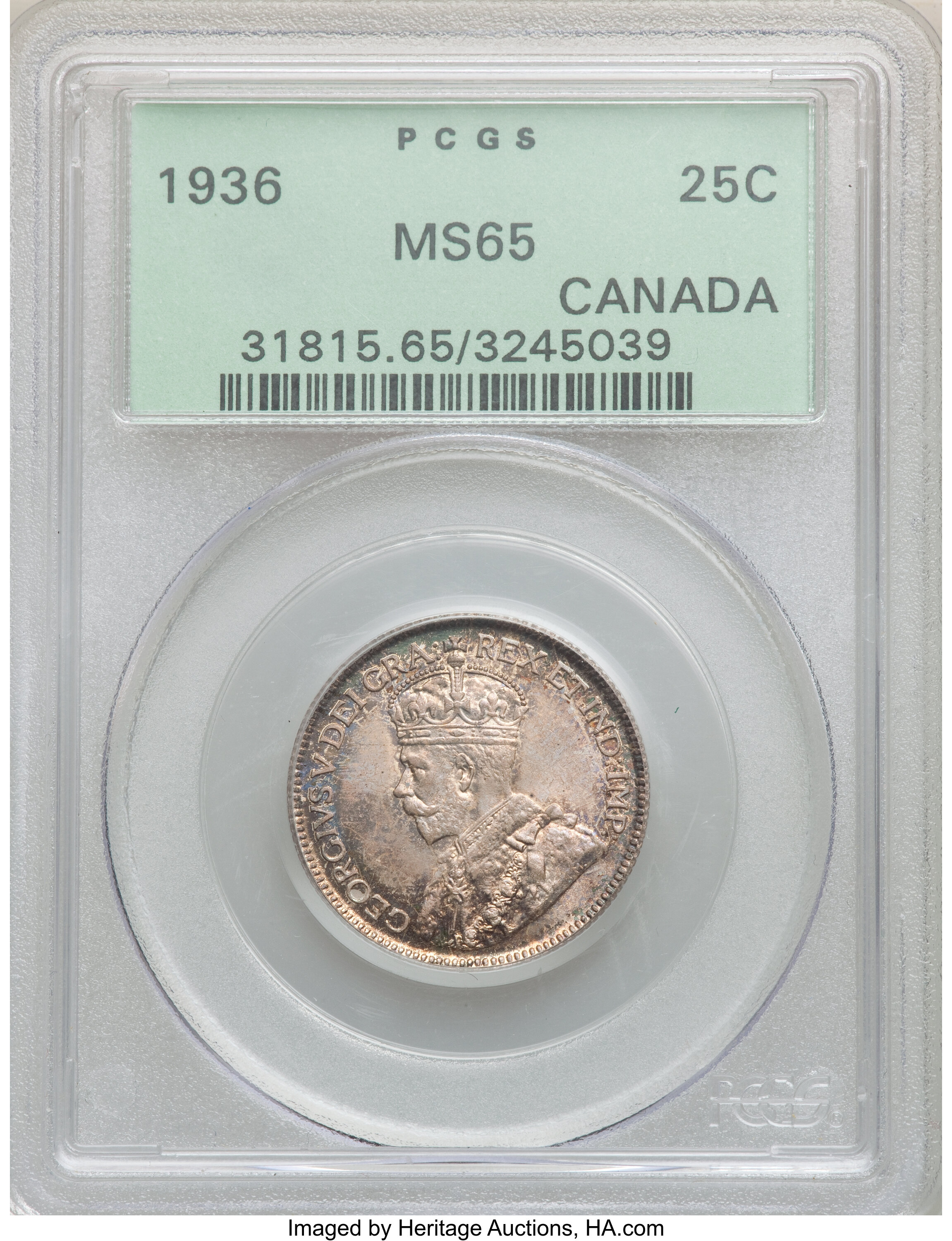 Canada: George V 25 Cents 1936 MS65 PCGS,...