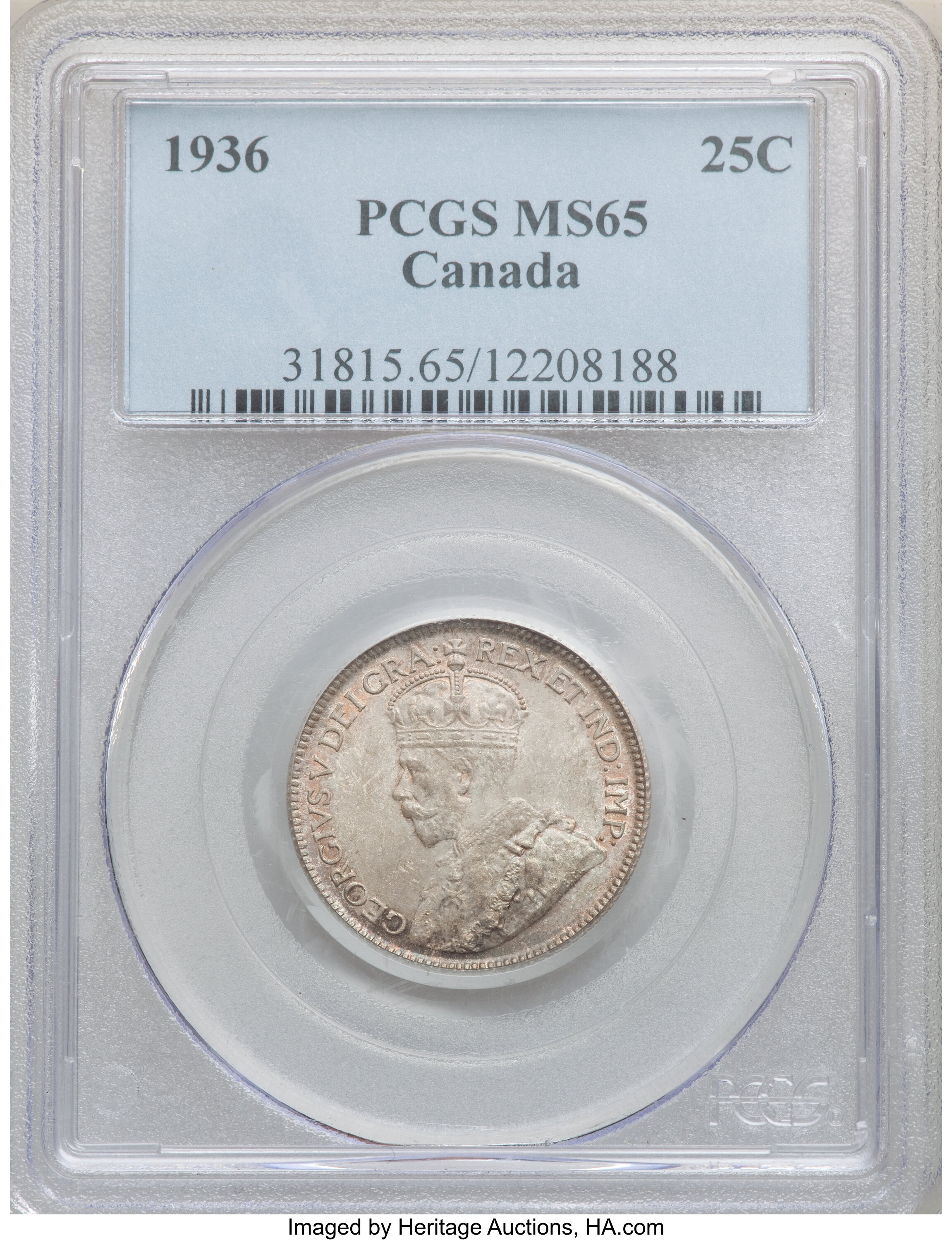 Canada: George V 25 Cents 1936 MS65 PCGS,...