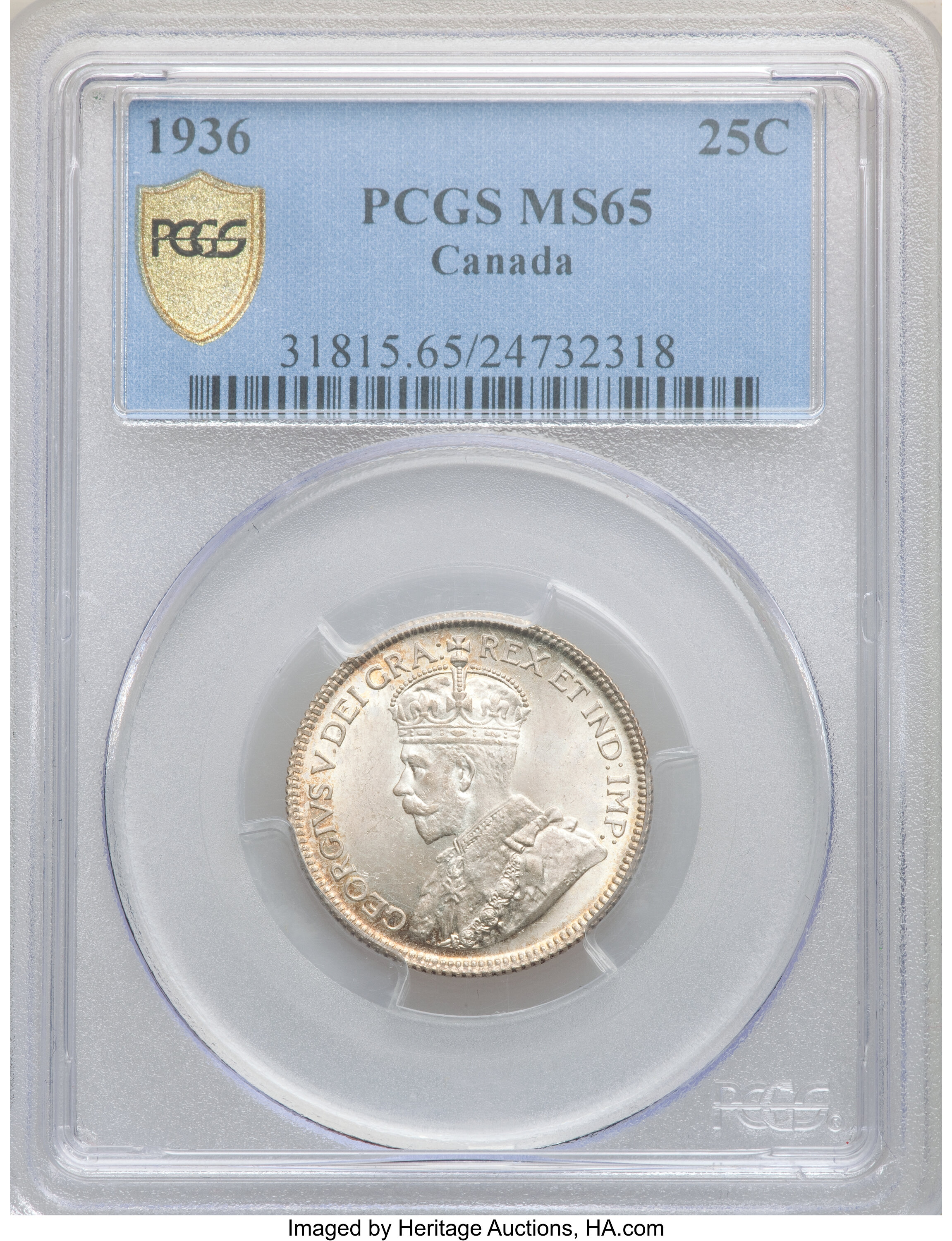 Canada: George V 25 Cents 1936 MS65 PCGS,...
