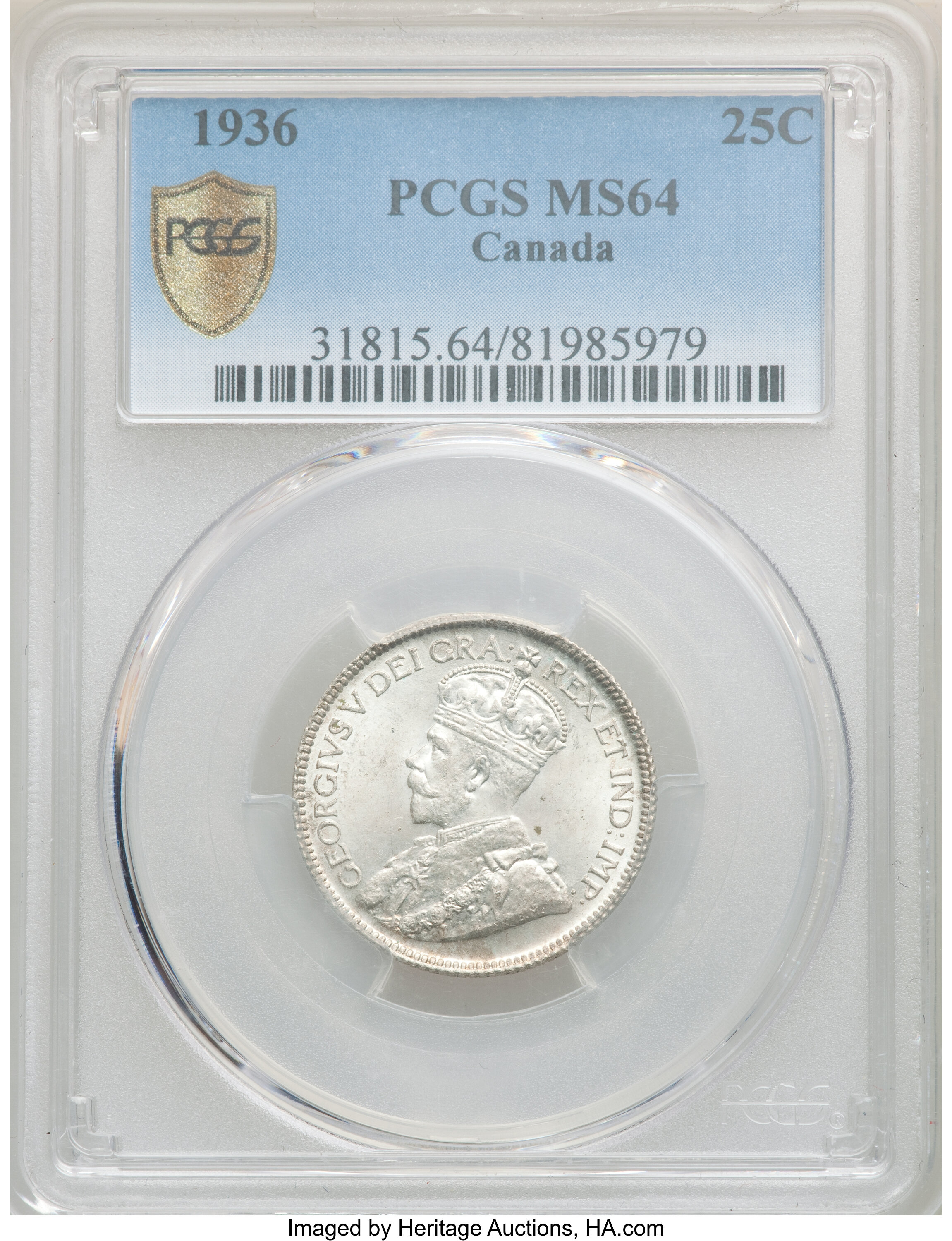Canada: George V 25 Cents 1936 MS64 PCGS,...