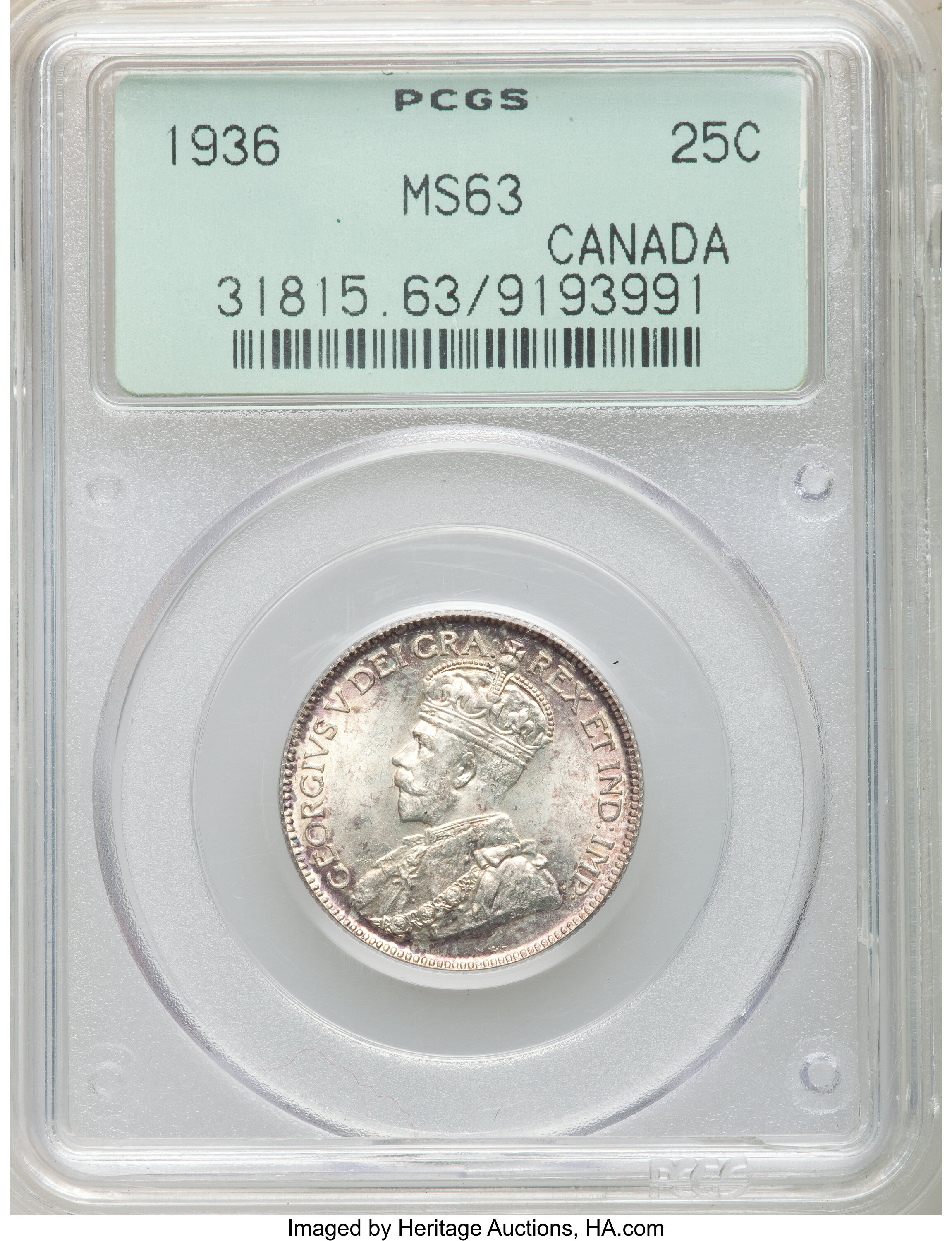 Canada: George V 25 Cents 1936 MS63 PCGS,...