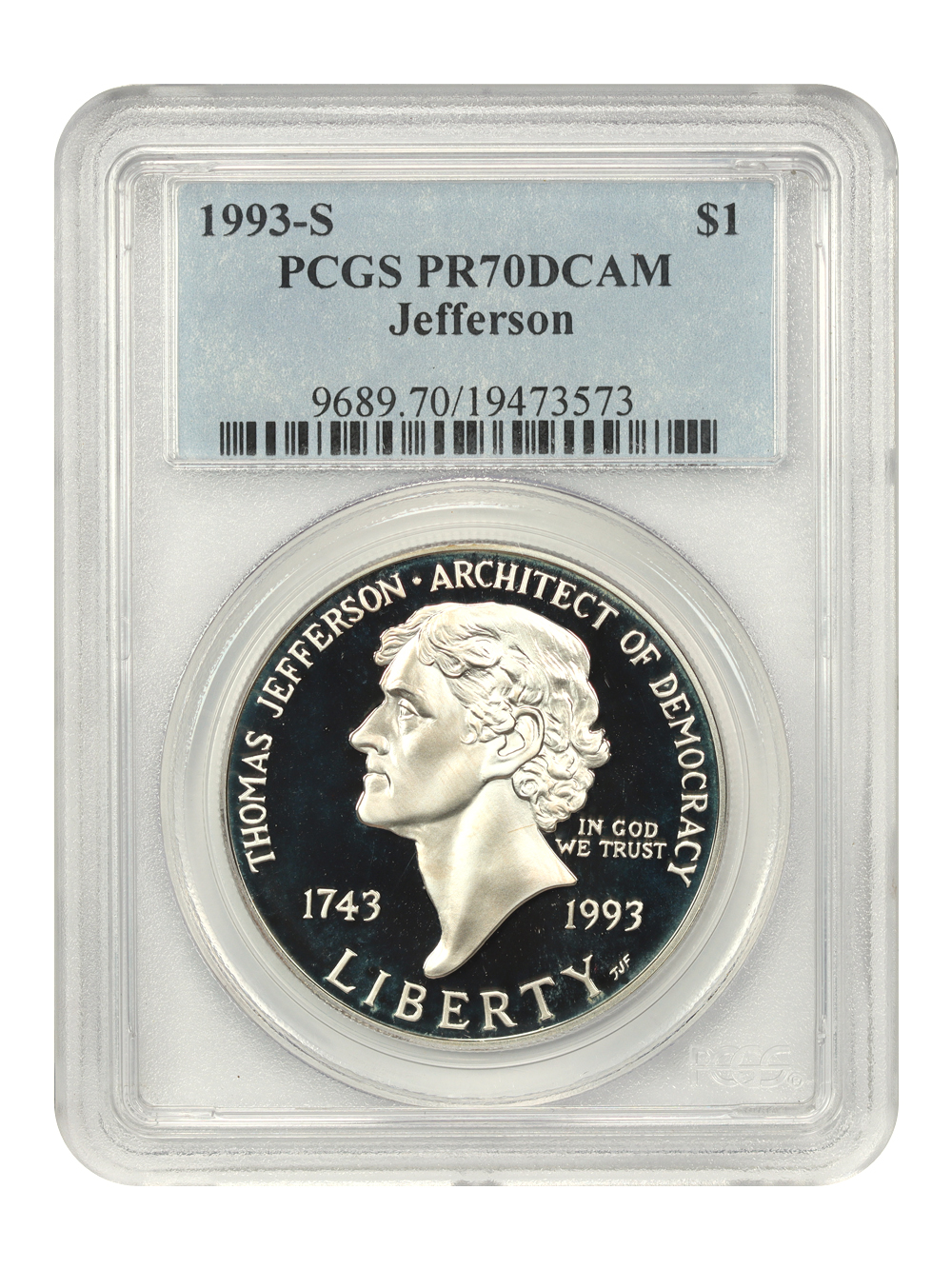1993 S Jefferson 250th Anniversary of Birth Silver dollar PR