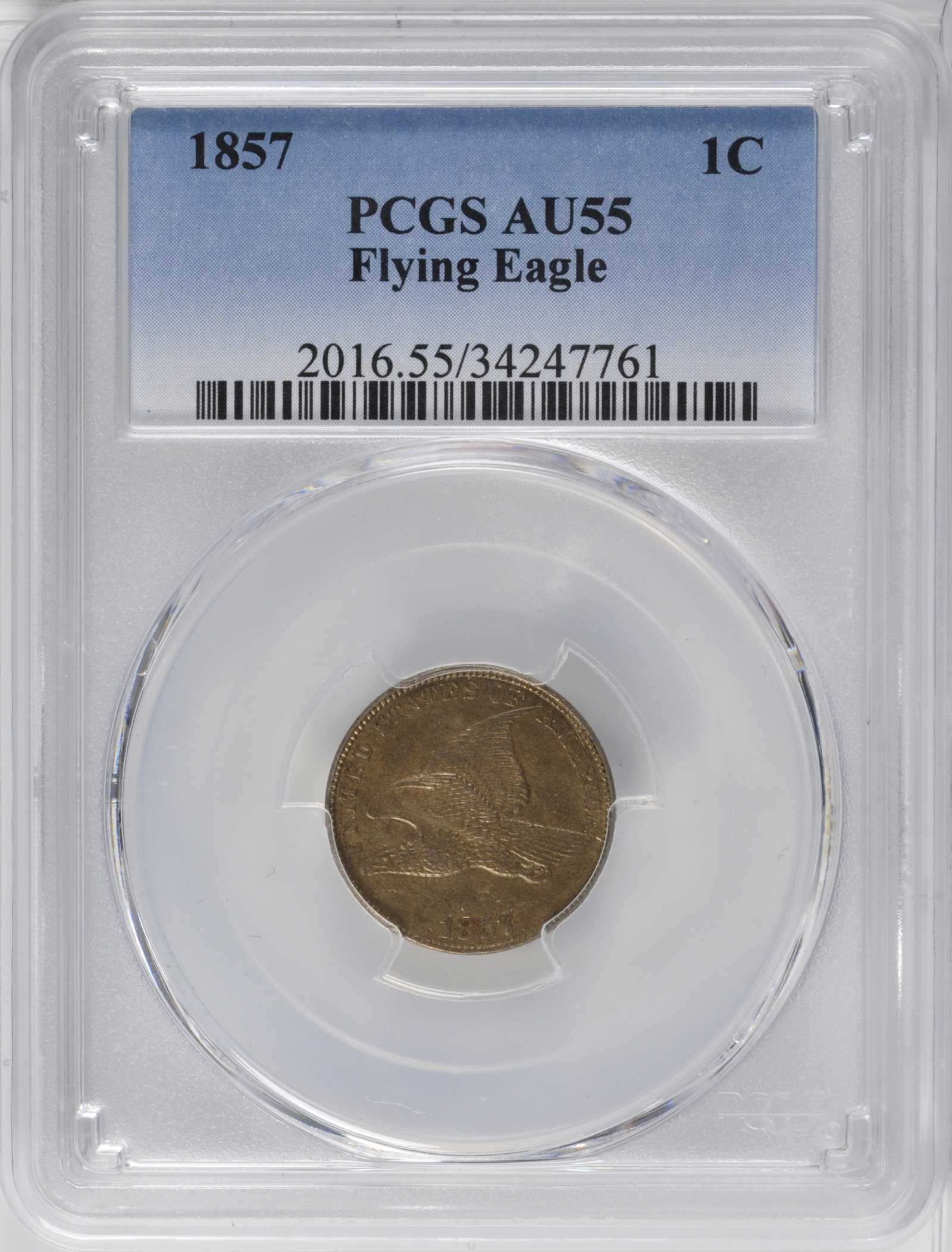 1857 1c Flying Eagle, 50c Obv. Clash, FS-402, S-9 AU55 thumbnail 4