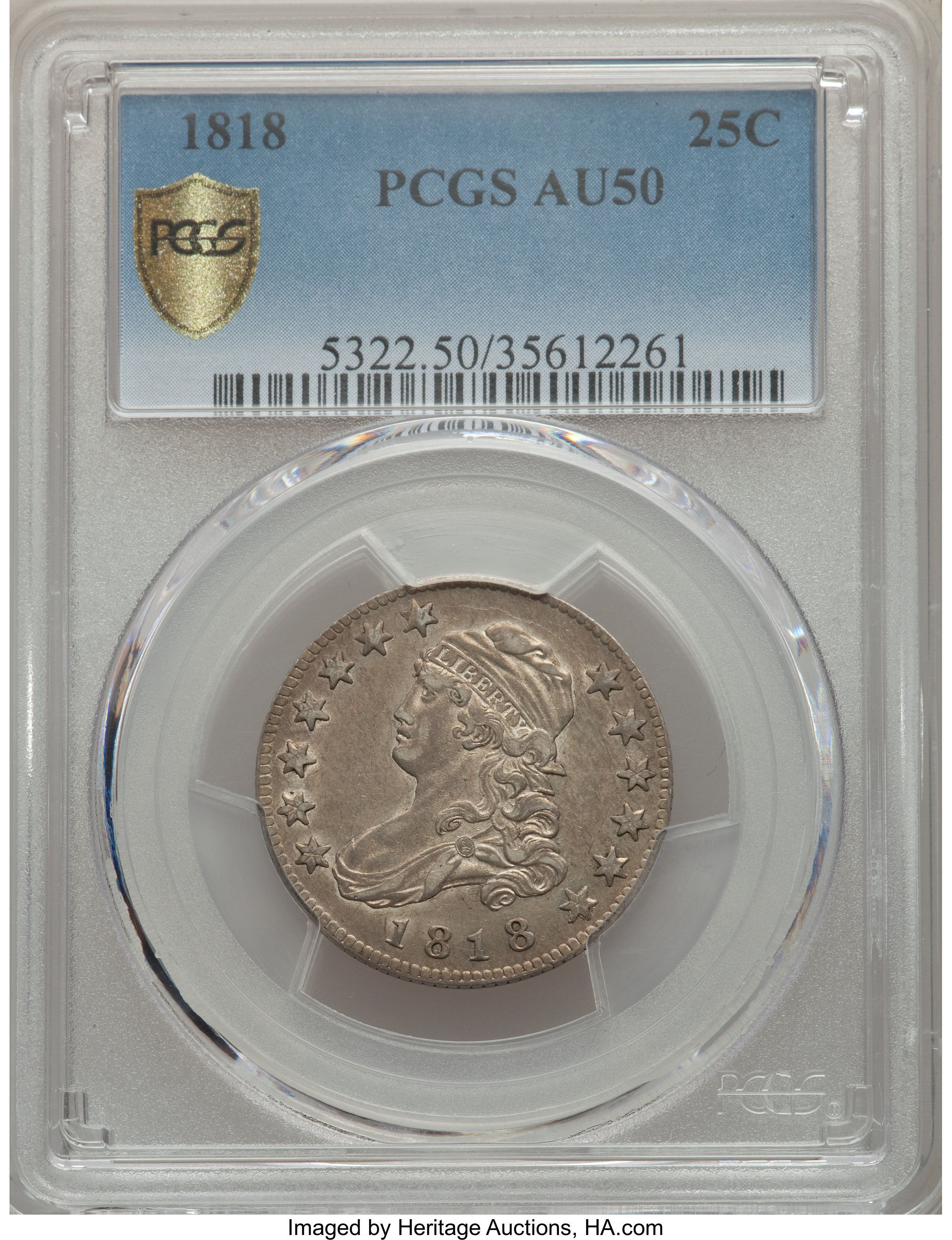 1818 25C B-2, R.1, AU50 PCGS Secure. ...