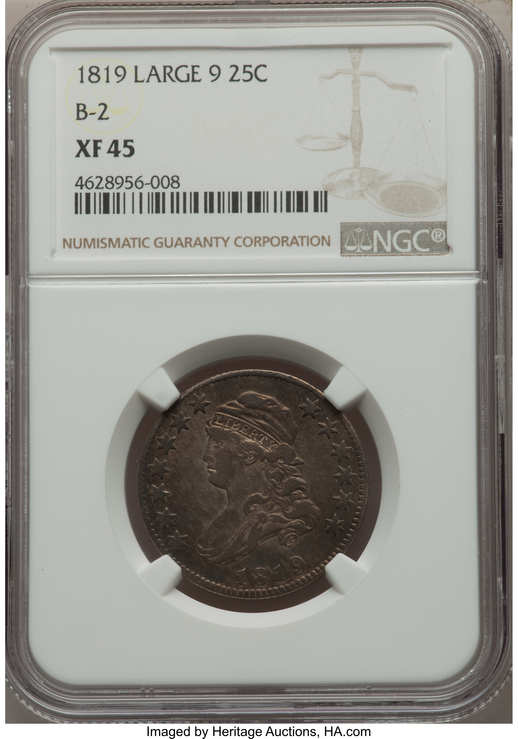 1819 25C Large 9, B-2, R.3, XF45 NGC. ...